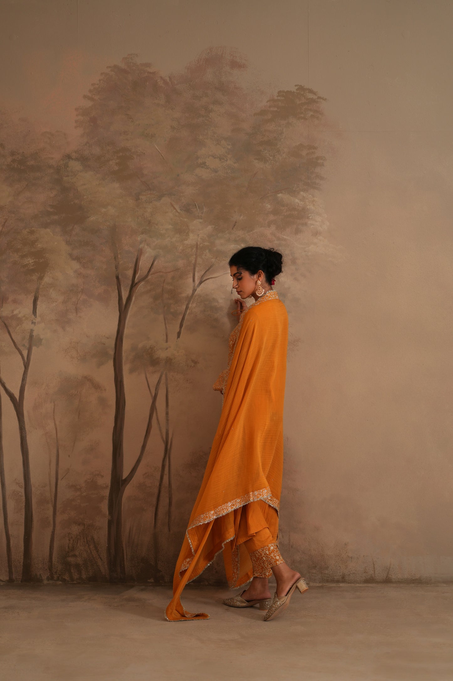 Earthy Orange Chanderi Suit with embroidered panels