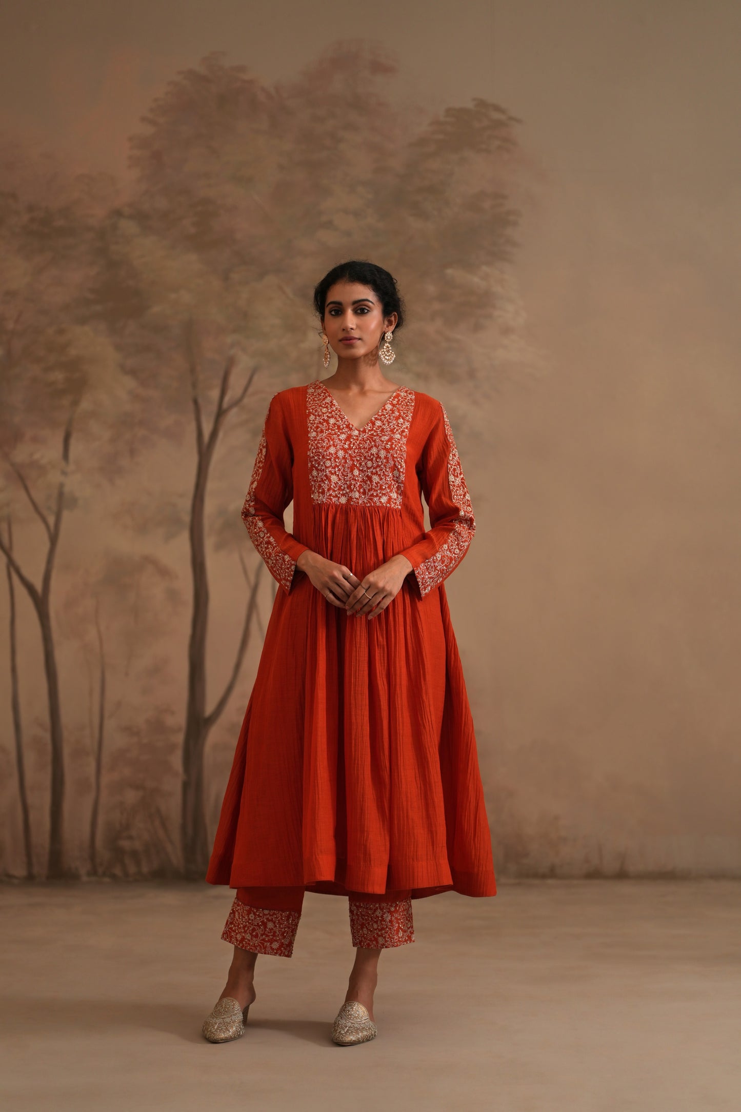Burnt Orange Chanderi Suit with embroidered yoke