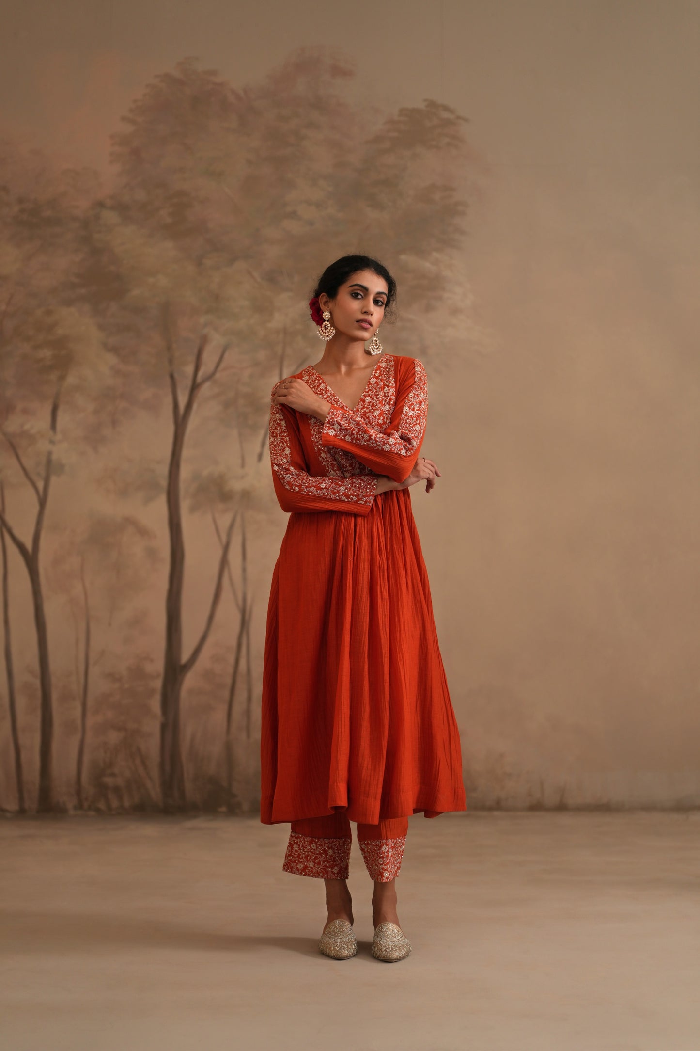 Burnt Orange Chanderi Suit with embroidered yoke