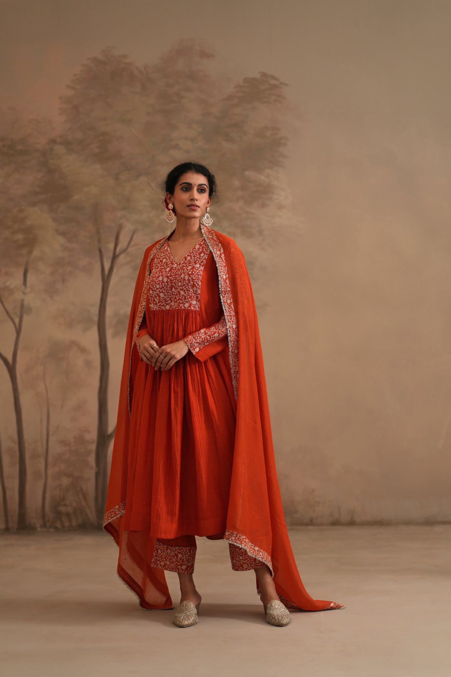 Burnt Orange Chanderi Suit with embroidered yoke