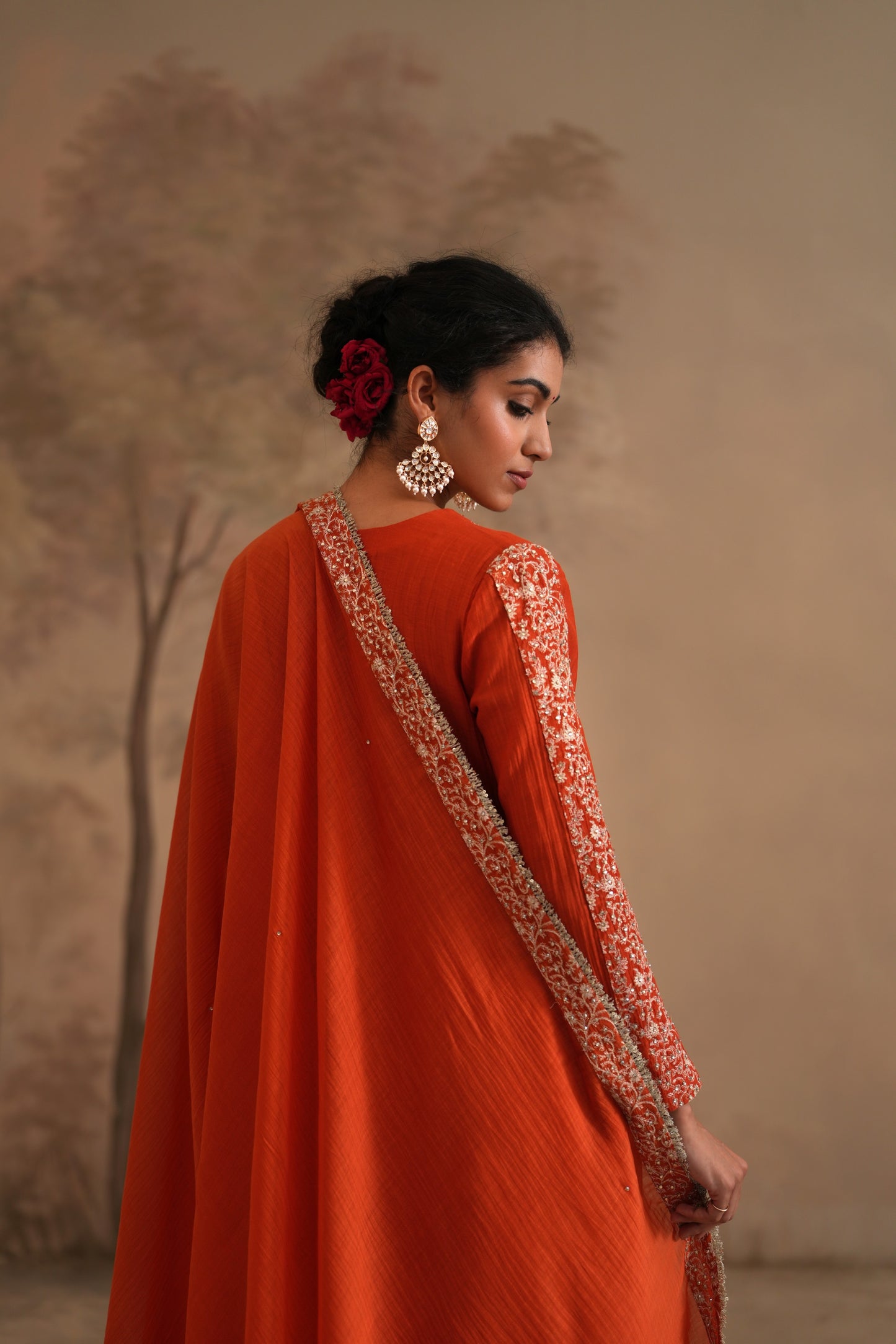 Burnt Orange Chanderi Suit with embroidered yoke