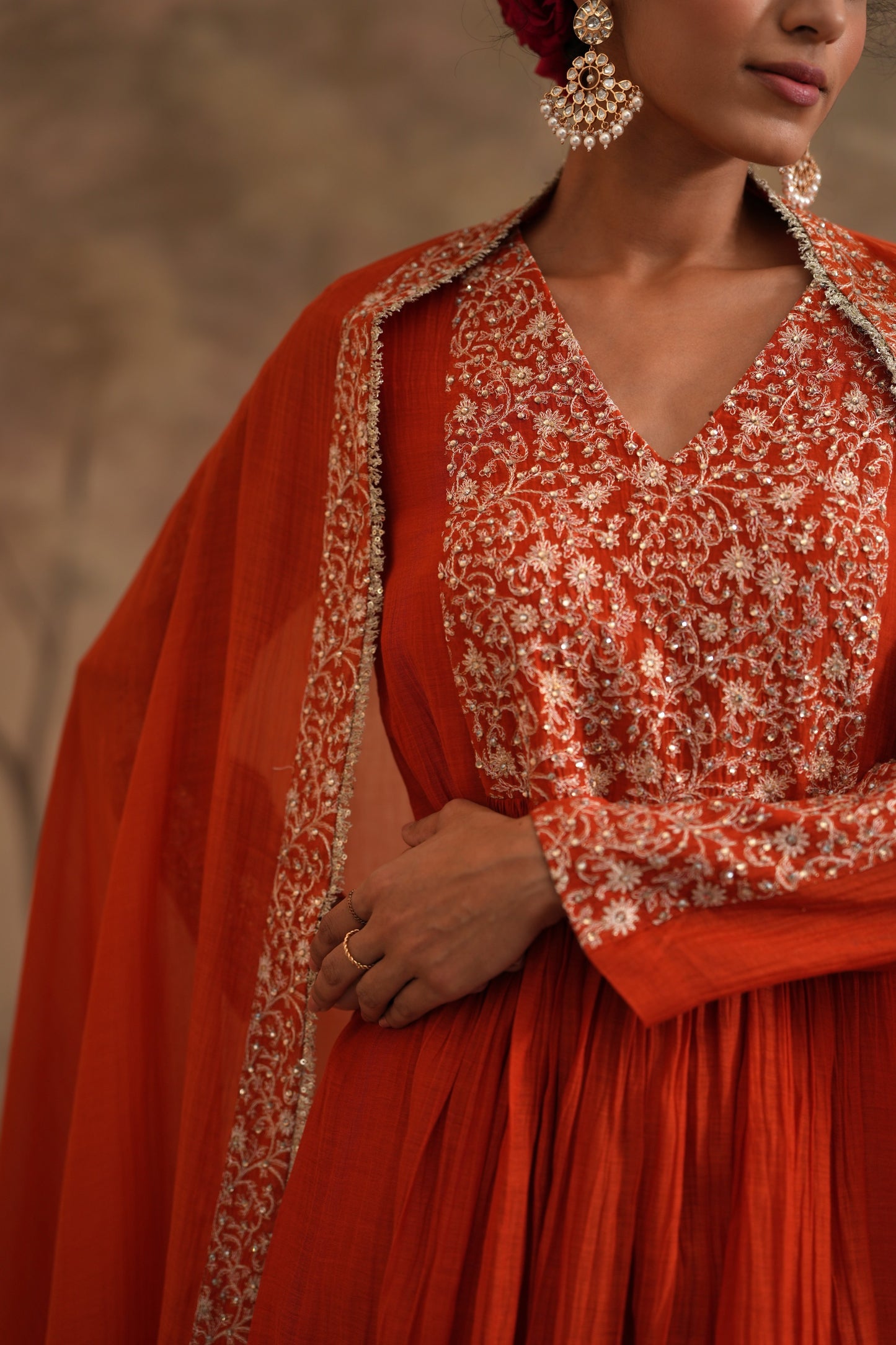 Burnt Orange Chanderi Suit with embroidered yoke