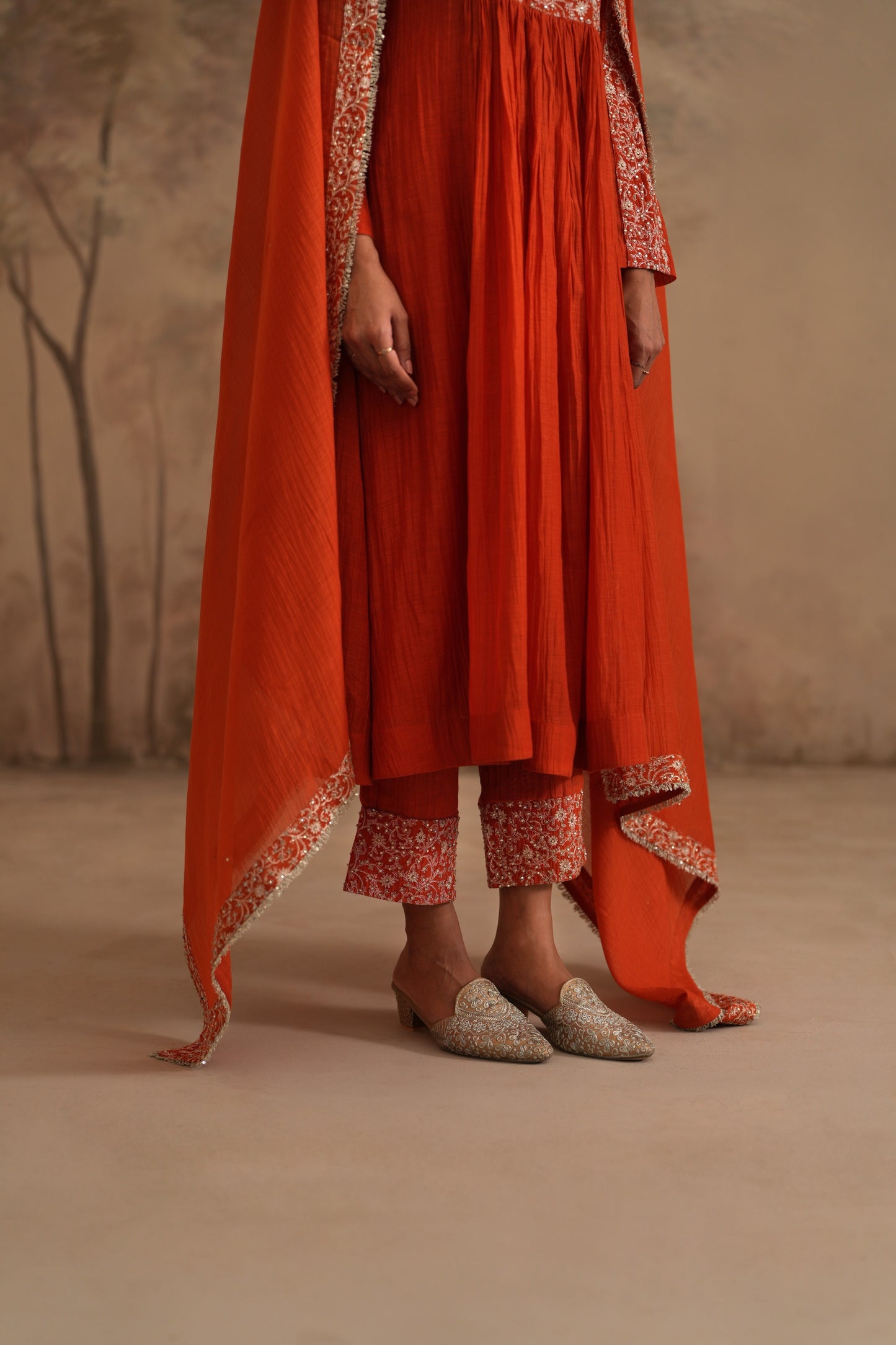 Burnt Orange Chanderi Suit with embroidered yoke