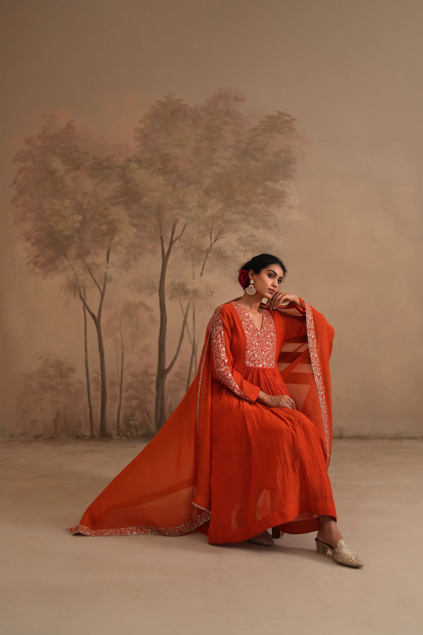 Burnt Orange Chanderi Suit with embroidered yoke