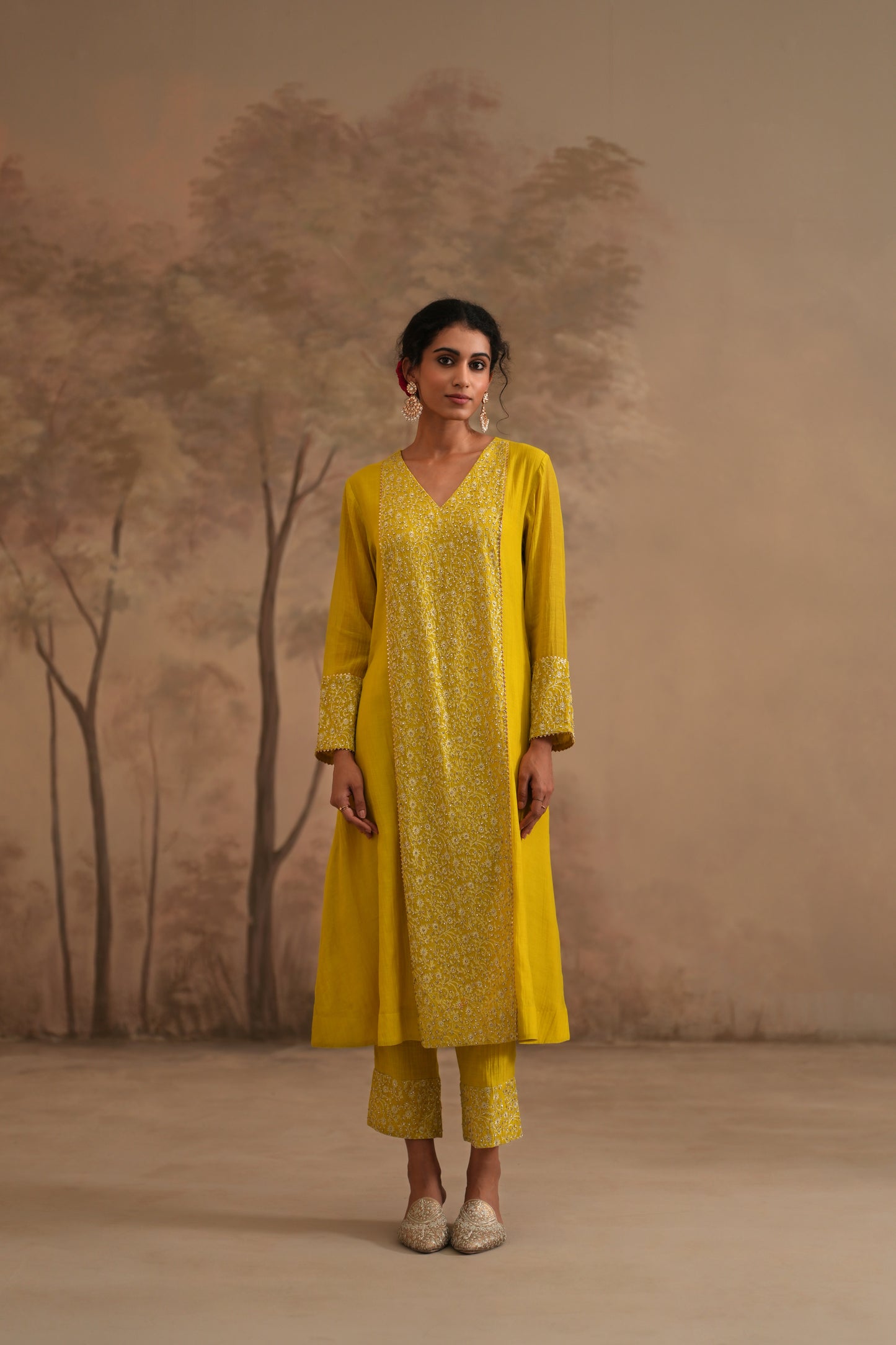 Lemon Yellow Chanderi Suit with embroidered centre panel