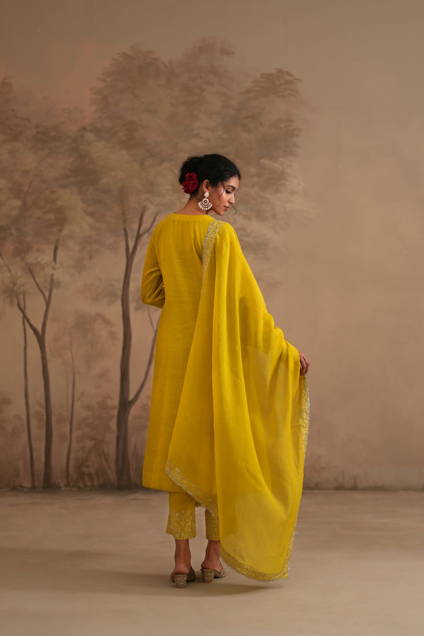 Lemon Yellow Chanderi Suit with embroidered centre panel