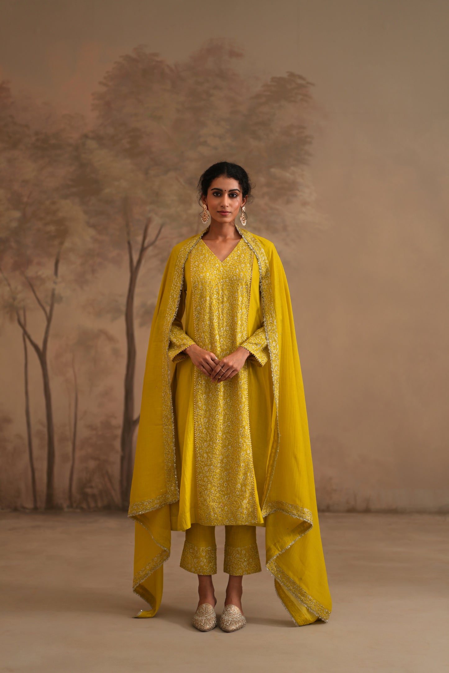 Lemon Yellow Chanderi Suit with embroidered centre panel