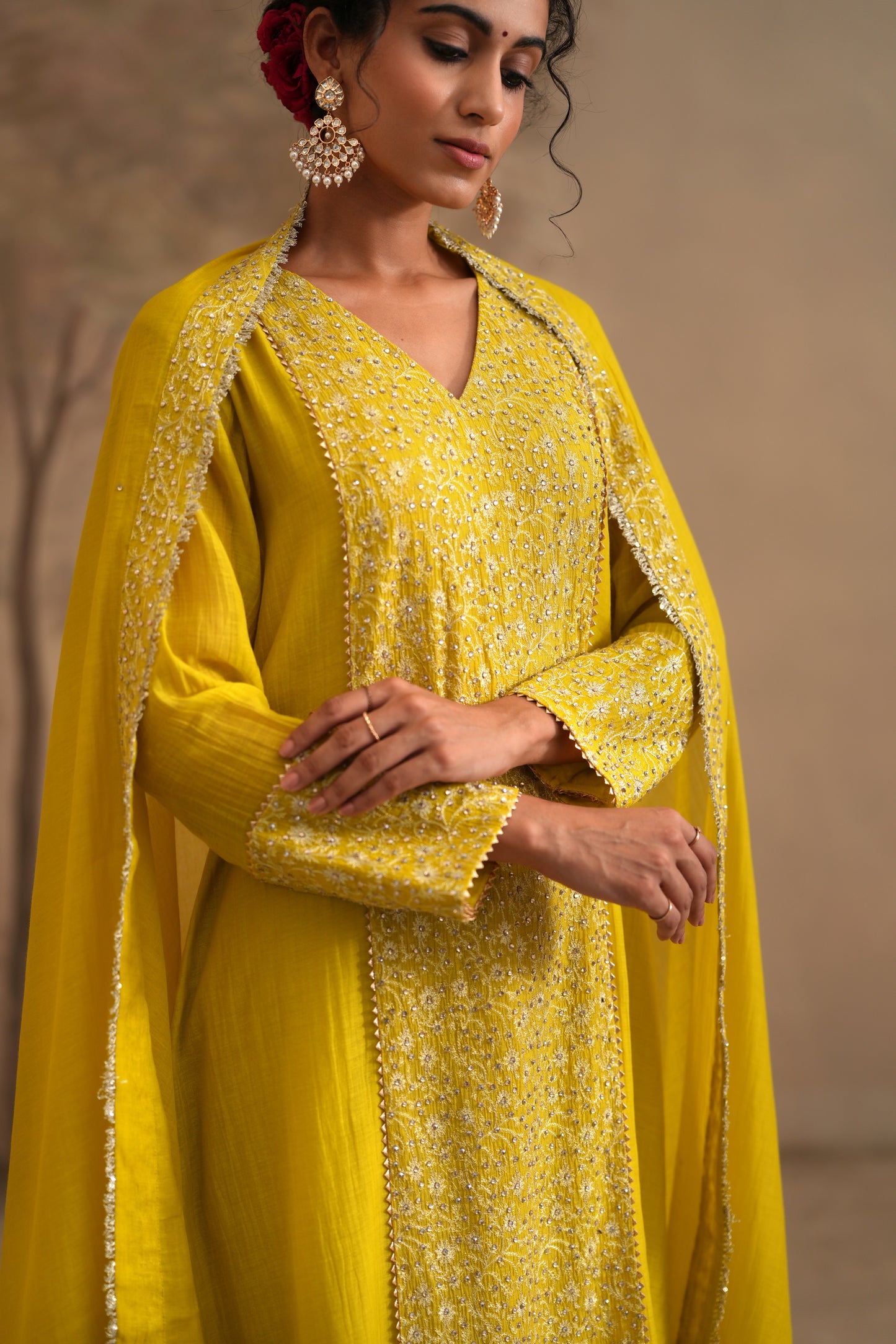 Lemon Yellow Chanderi Suit with embroidered centre panel