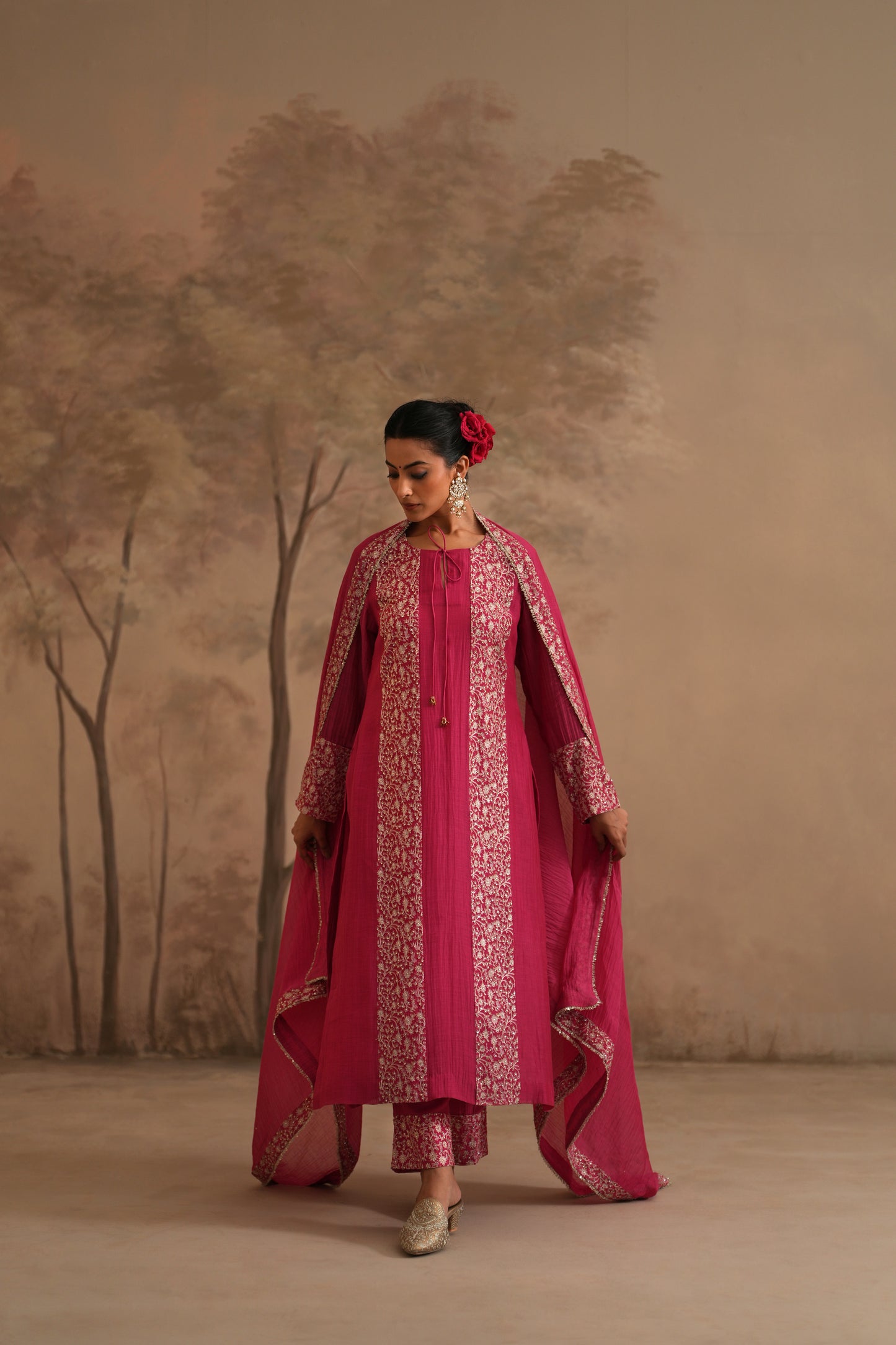 Fuschia Chanderi Suit with embroidered panels