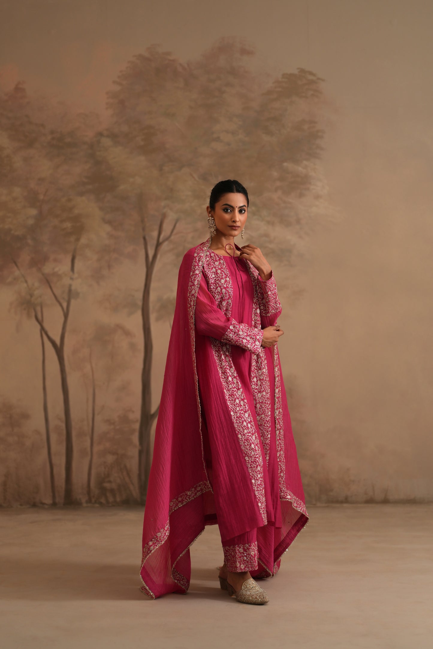 Fuschia Chanderi Suit with embroidered panels