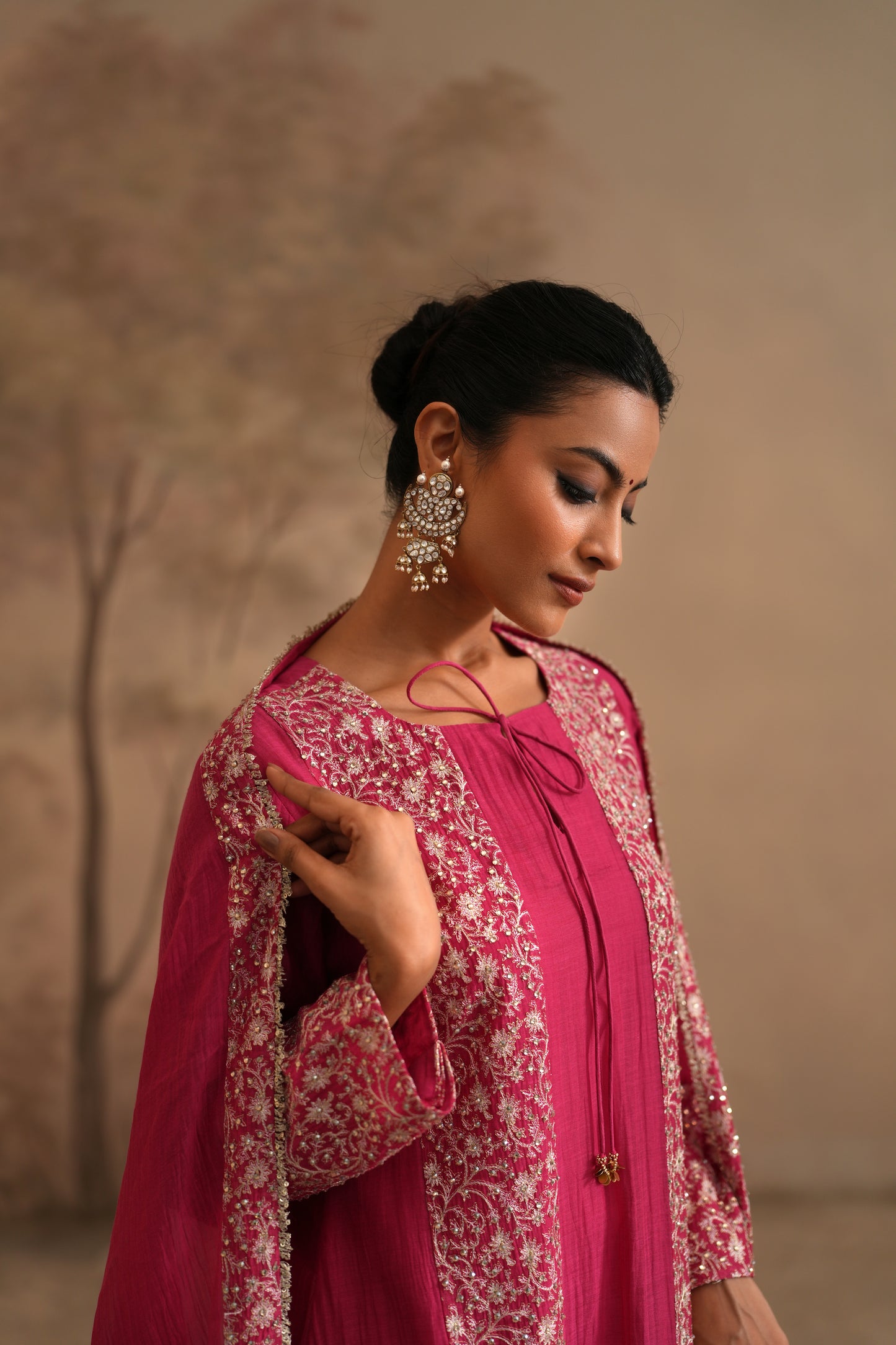 Fuschia Chanderi Suit with embroidered panels