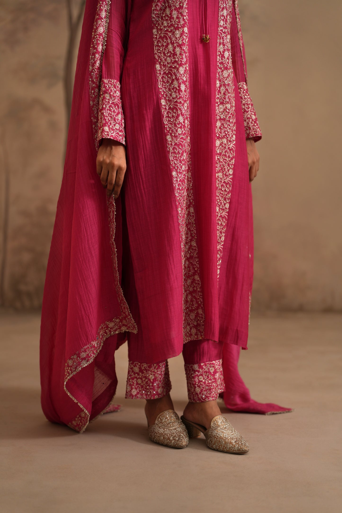 Fuschia Chanderi Suit with embroidered panels