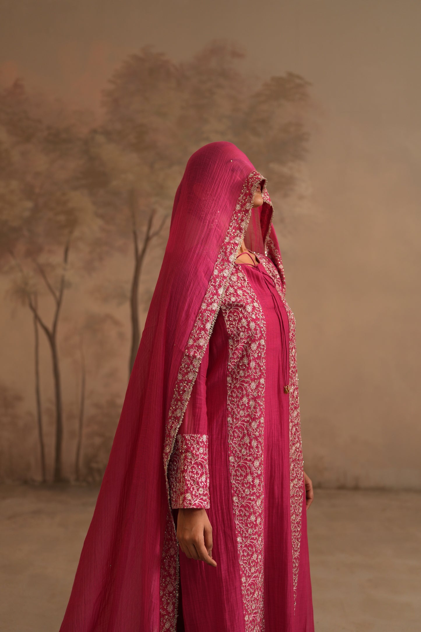 Fuschia Chanderi Suit with embroidered panels