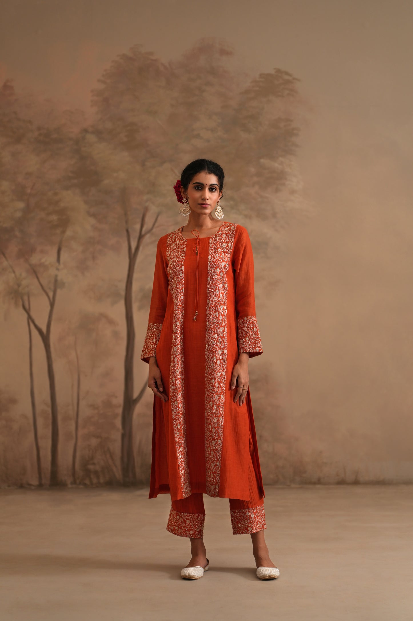 Burnt Orange Chanderi Suit with embroidered panels