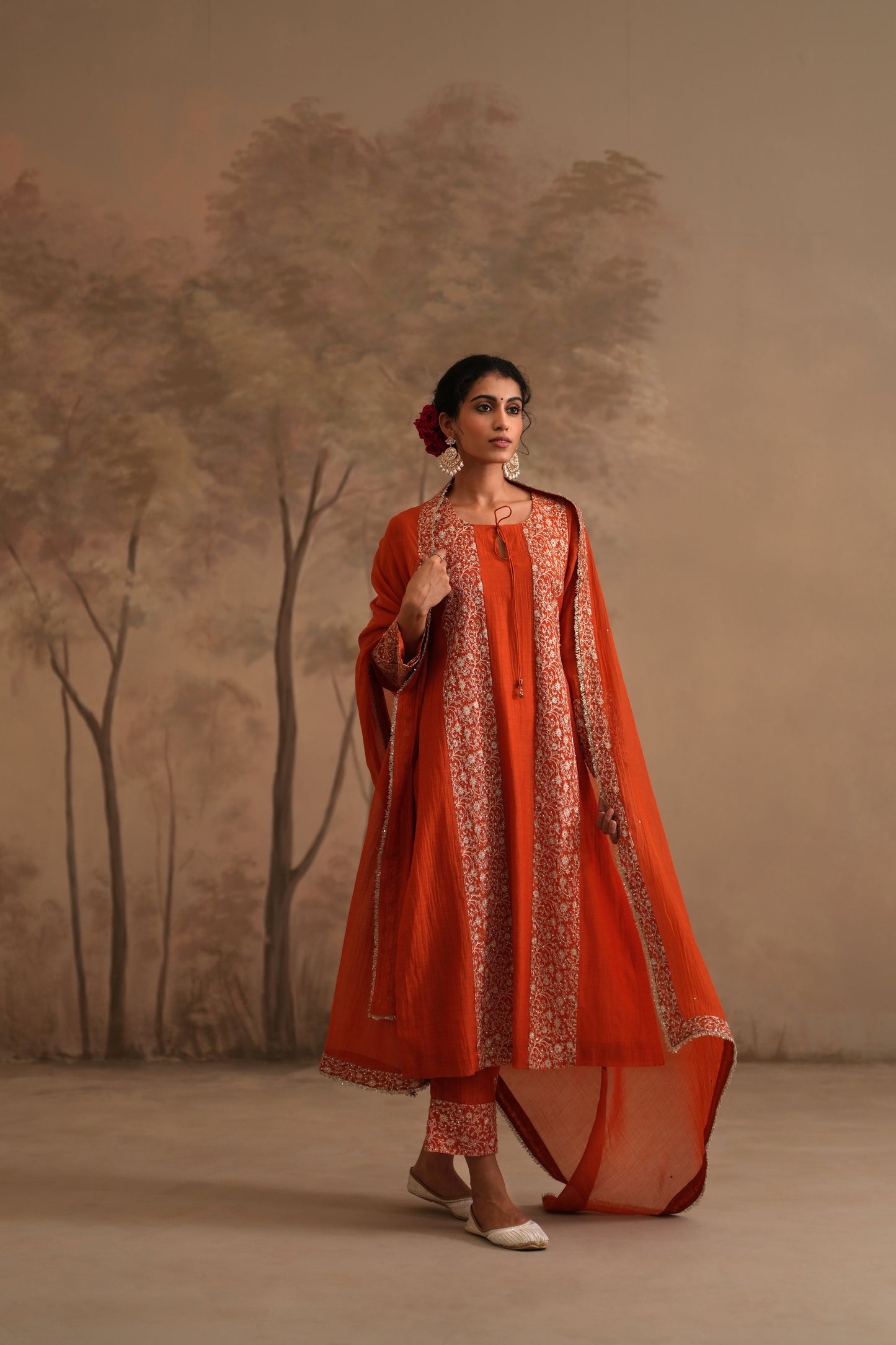 Burnt Orange Chanderi Suit with embroidered panels