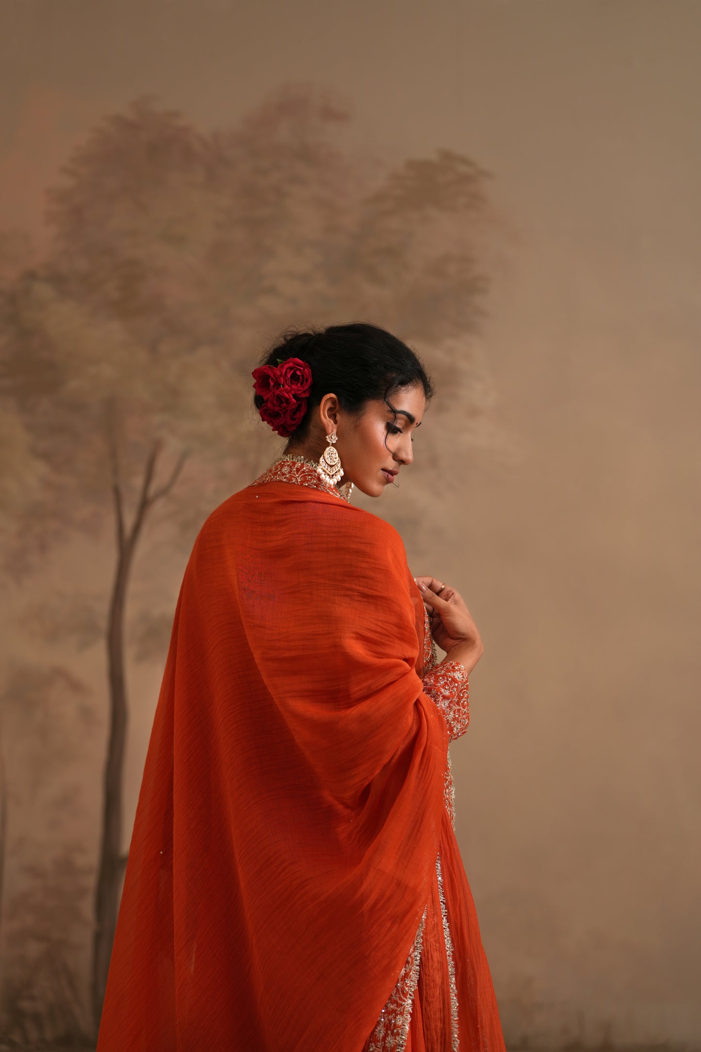 Burnt Orange Chanderi Suit with embroidered panels