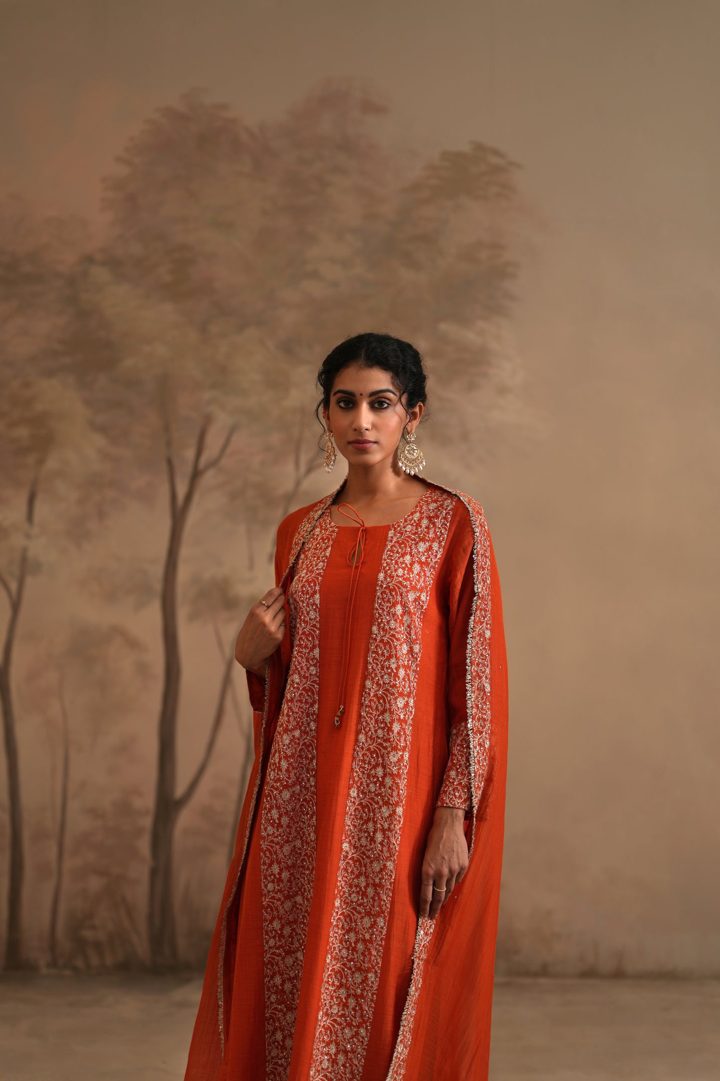 Burnt Orange Chanderi Suit with embroidered panels