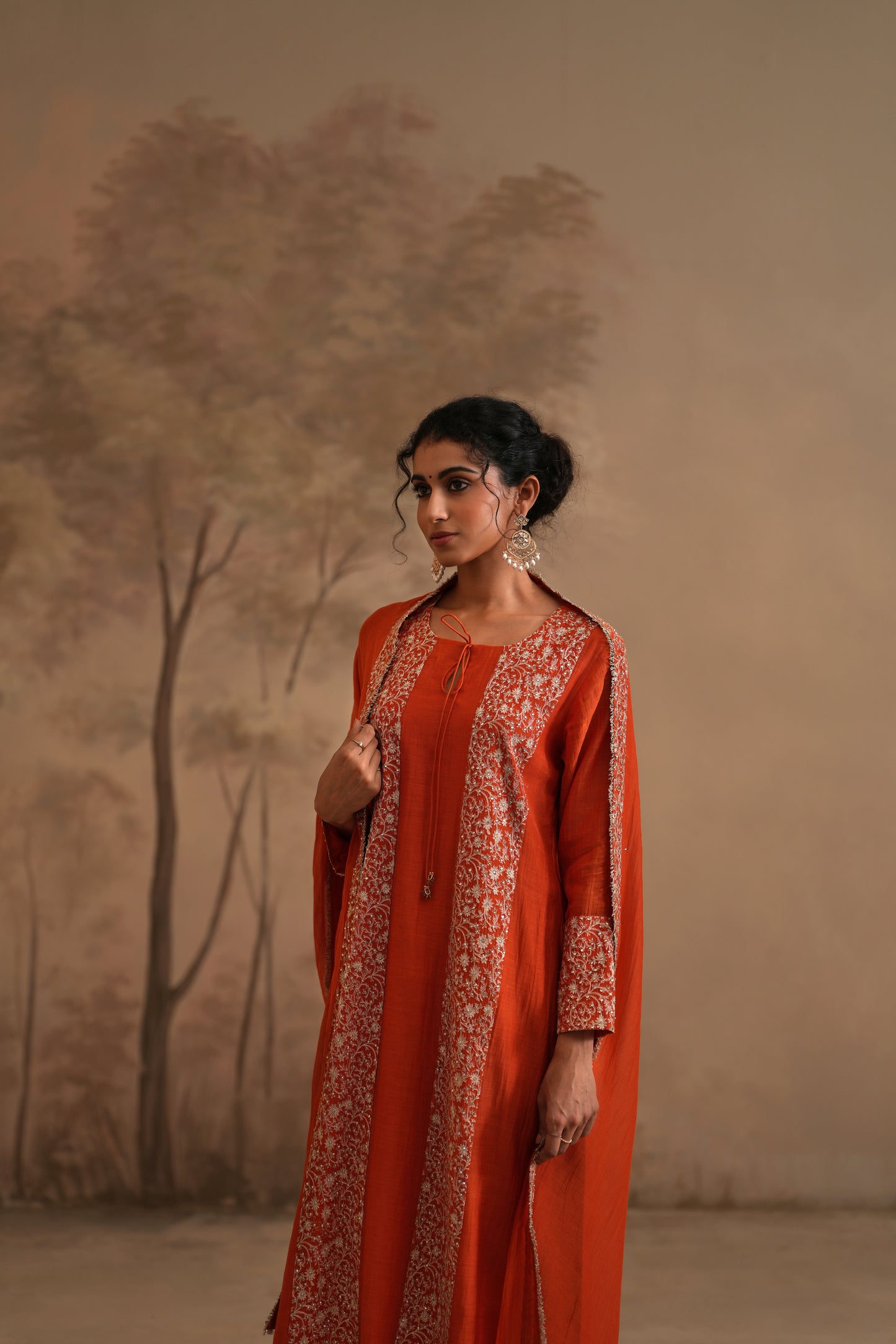 Burnt Orange Chanderi Suit with embroidered panels