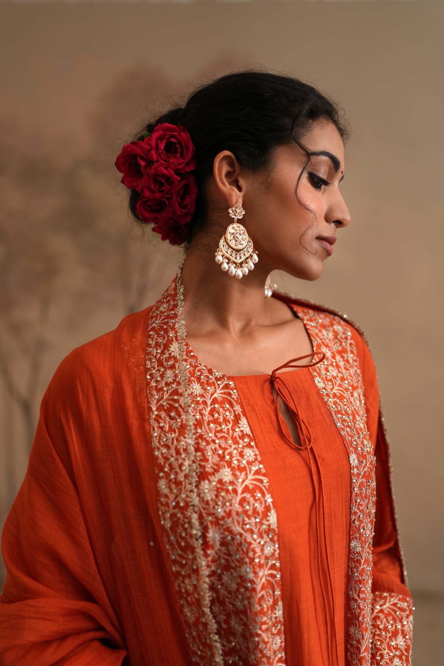 Burnt Orange Chanderi Suit with embroidered panels