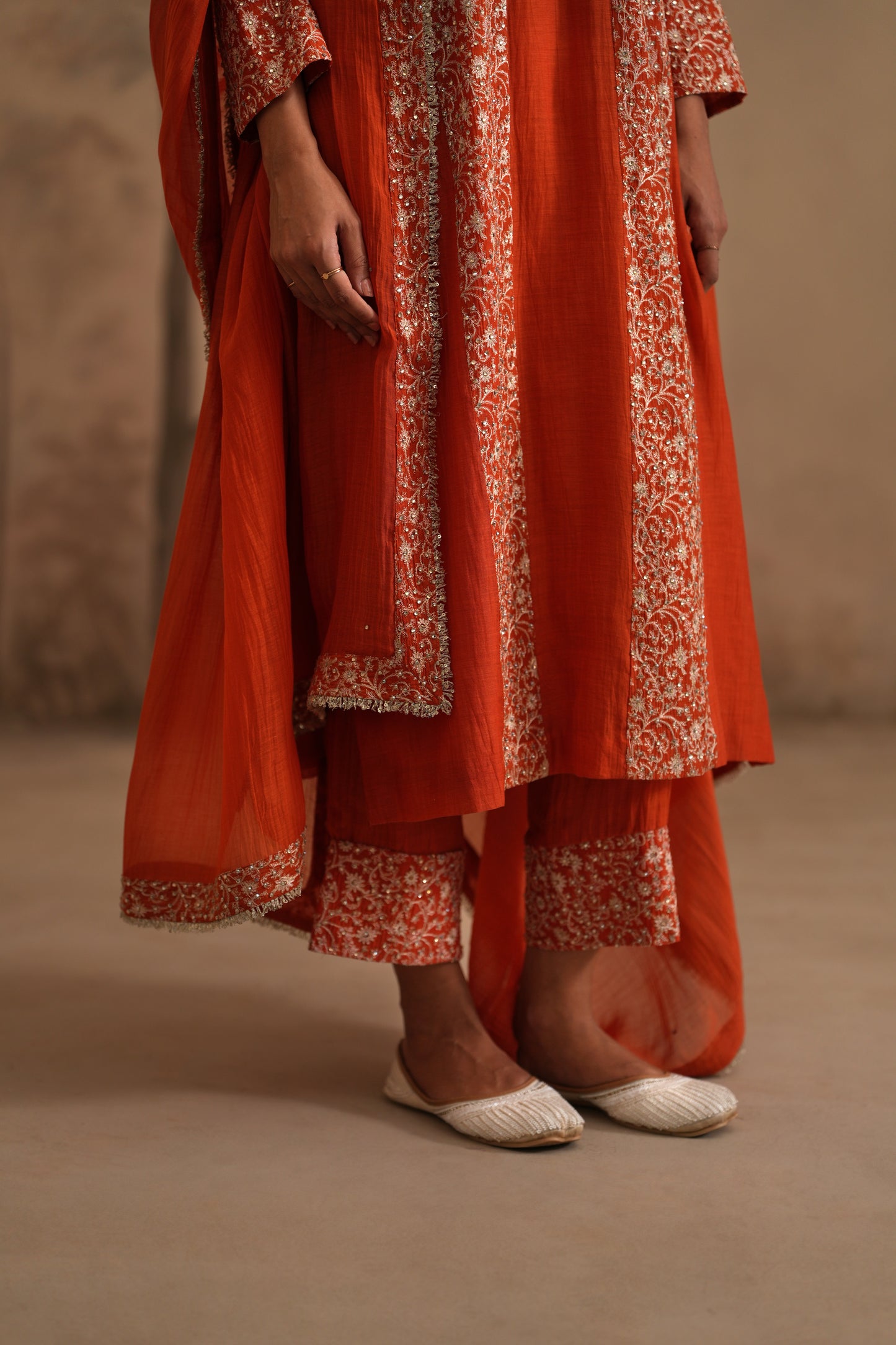 Burnt Orange Chanderi Suit with embroidered panels
