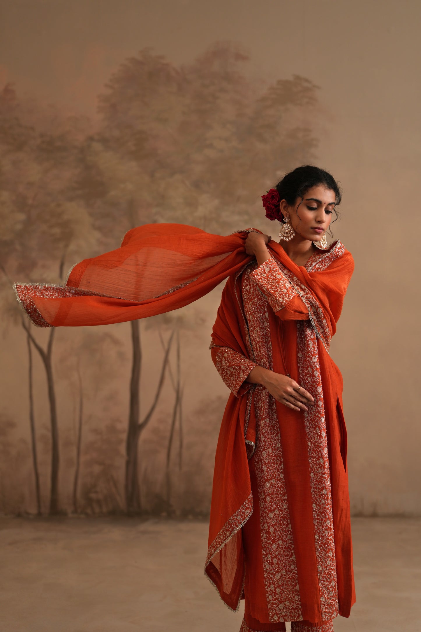 Burnt Orange Chanderi Suit with embroidered panels