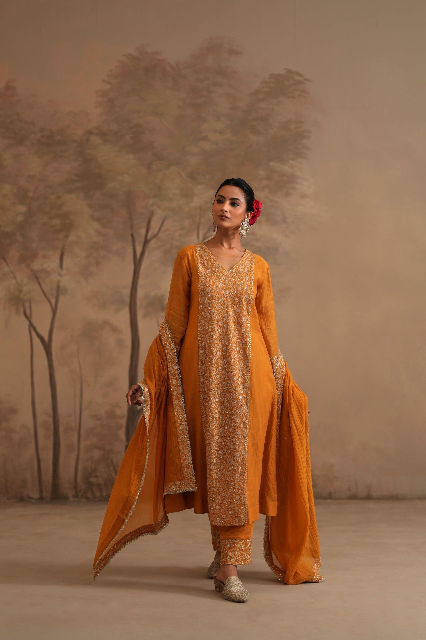 Earthy Orange Chanderi Suit with embroidered centre panel