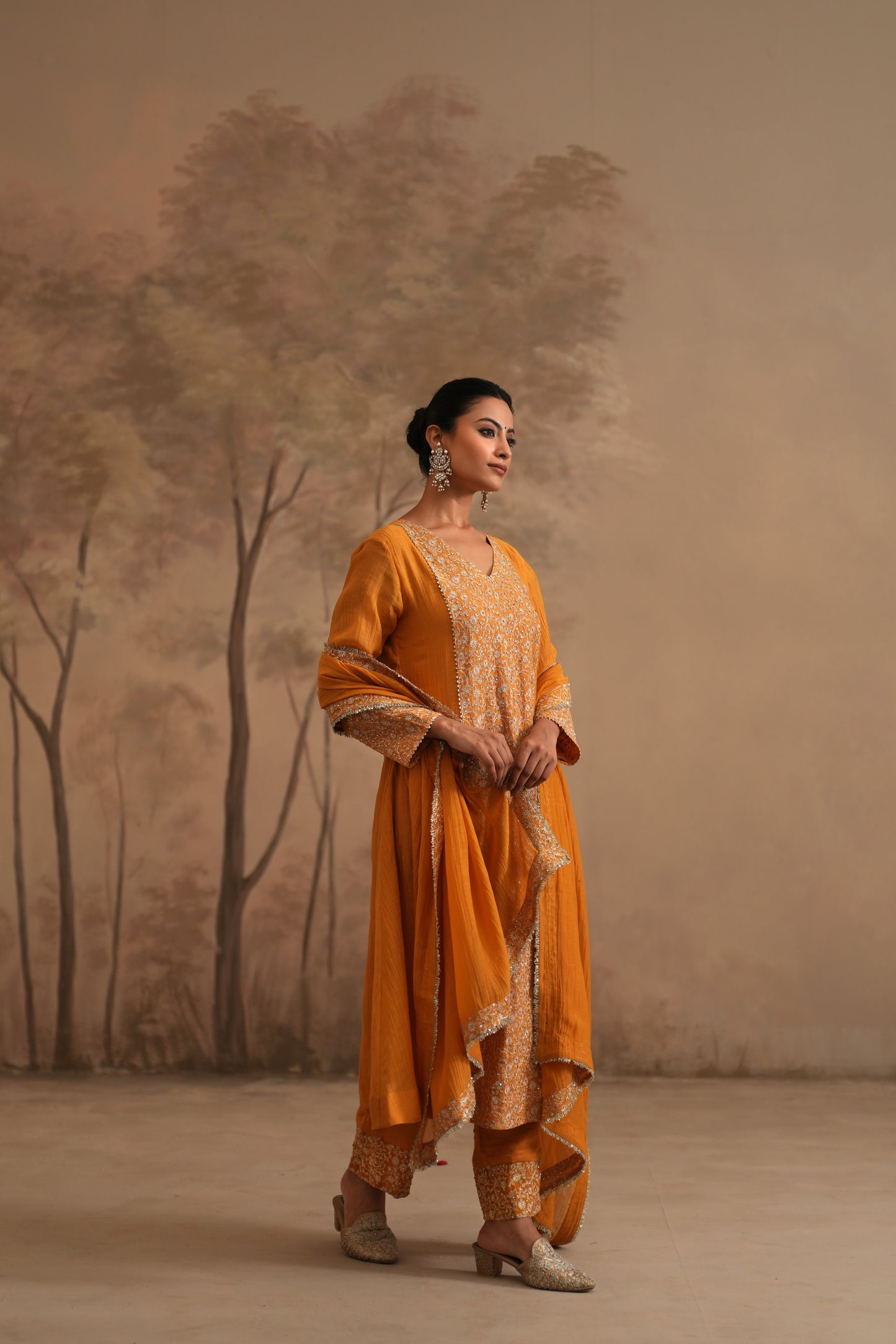 Earthy Orange Chanderi Suit with embroidered centre panel