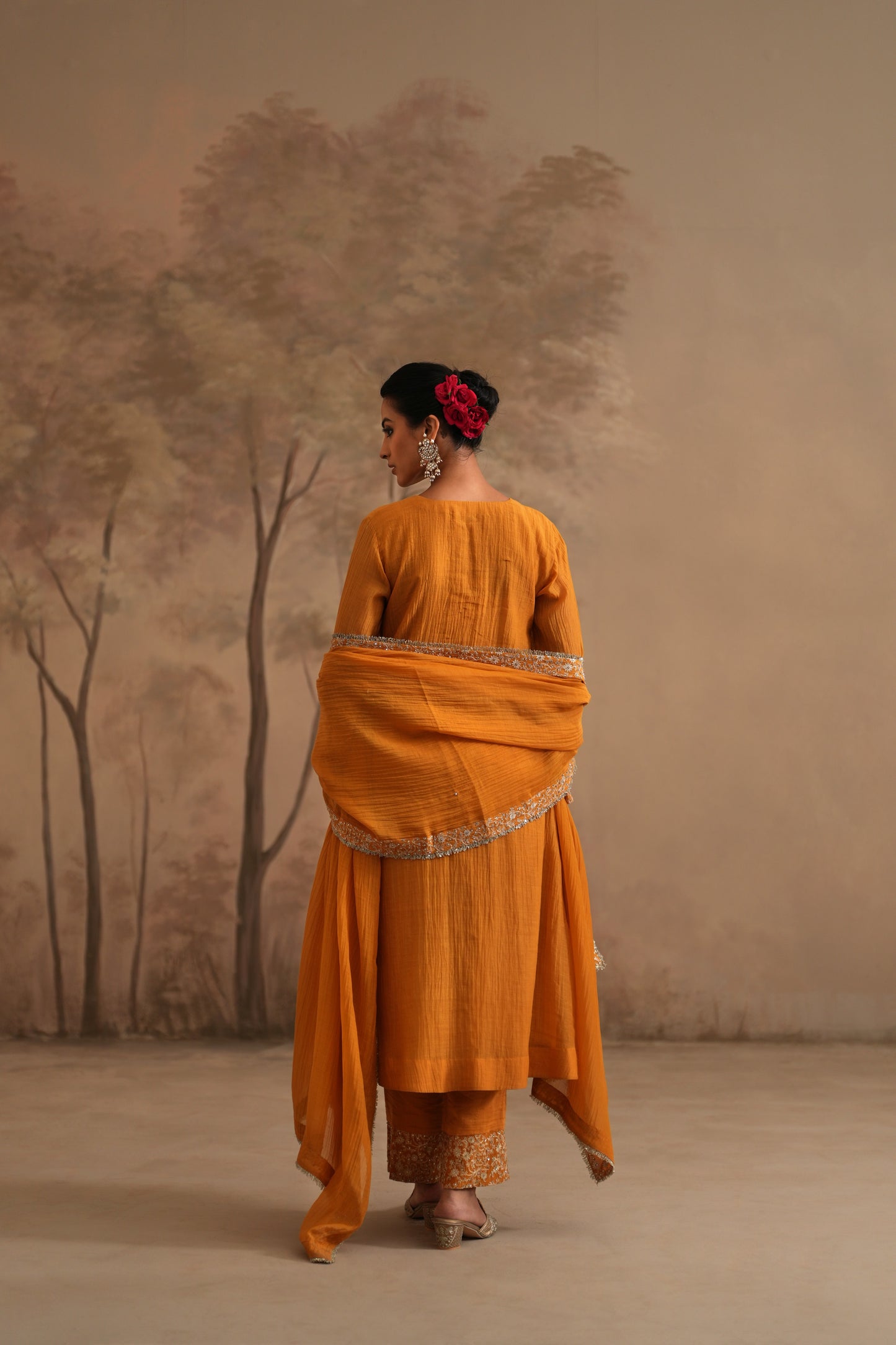 Earthy Orange Chanderi Suit with embroidered centre panel
