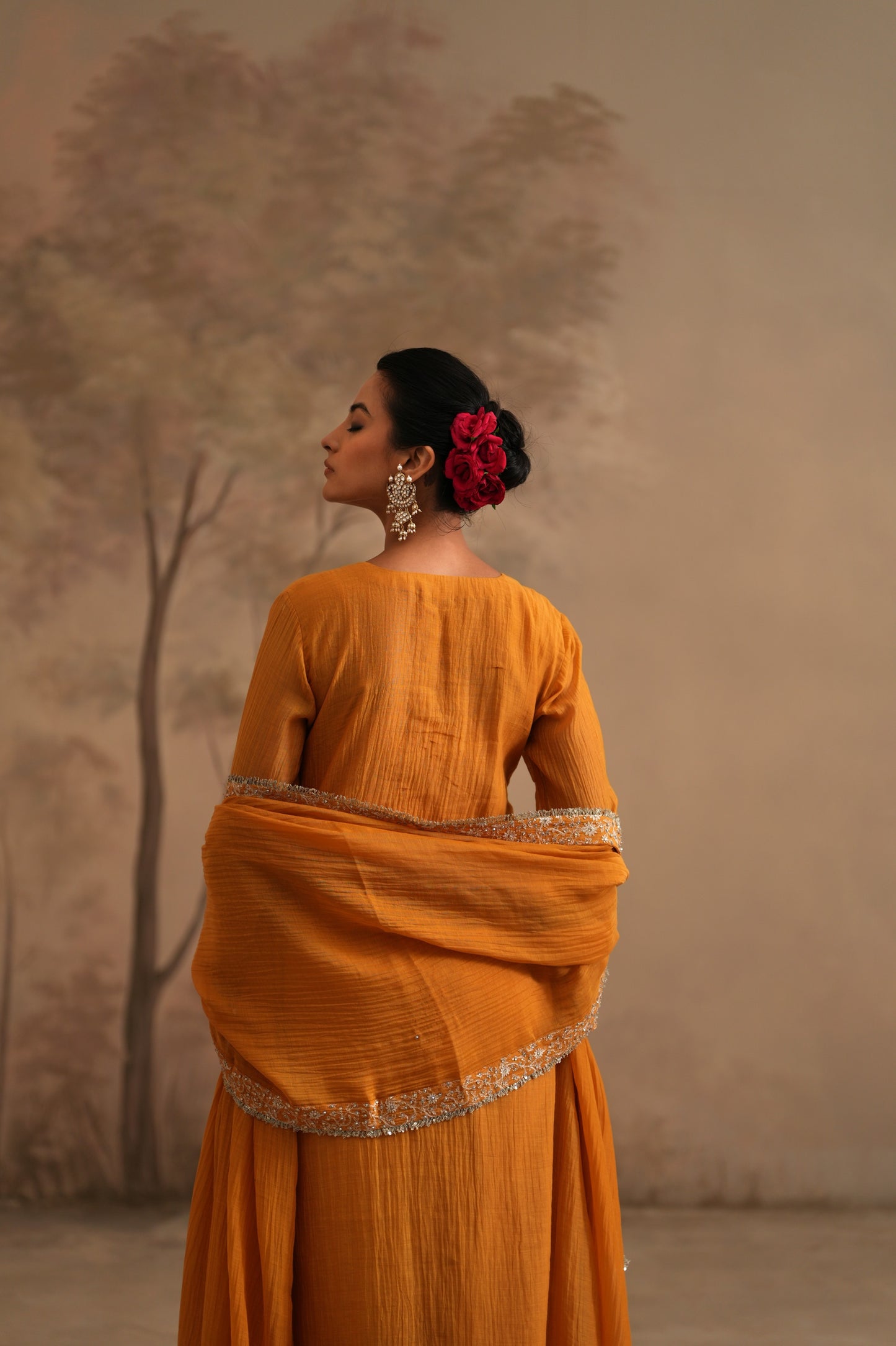 Earthy Orange Chanderi Suit with embroidered centre panel