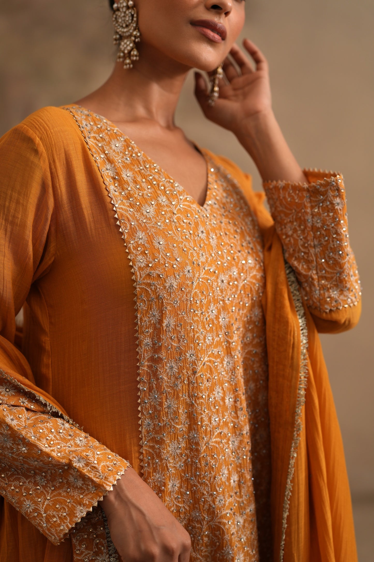 Earthy Orange Chanderi Suit with embroidered centre panel