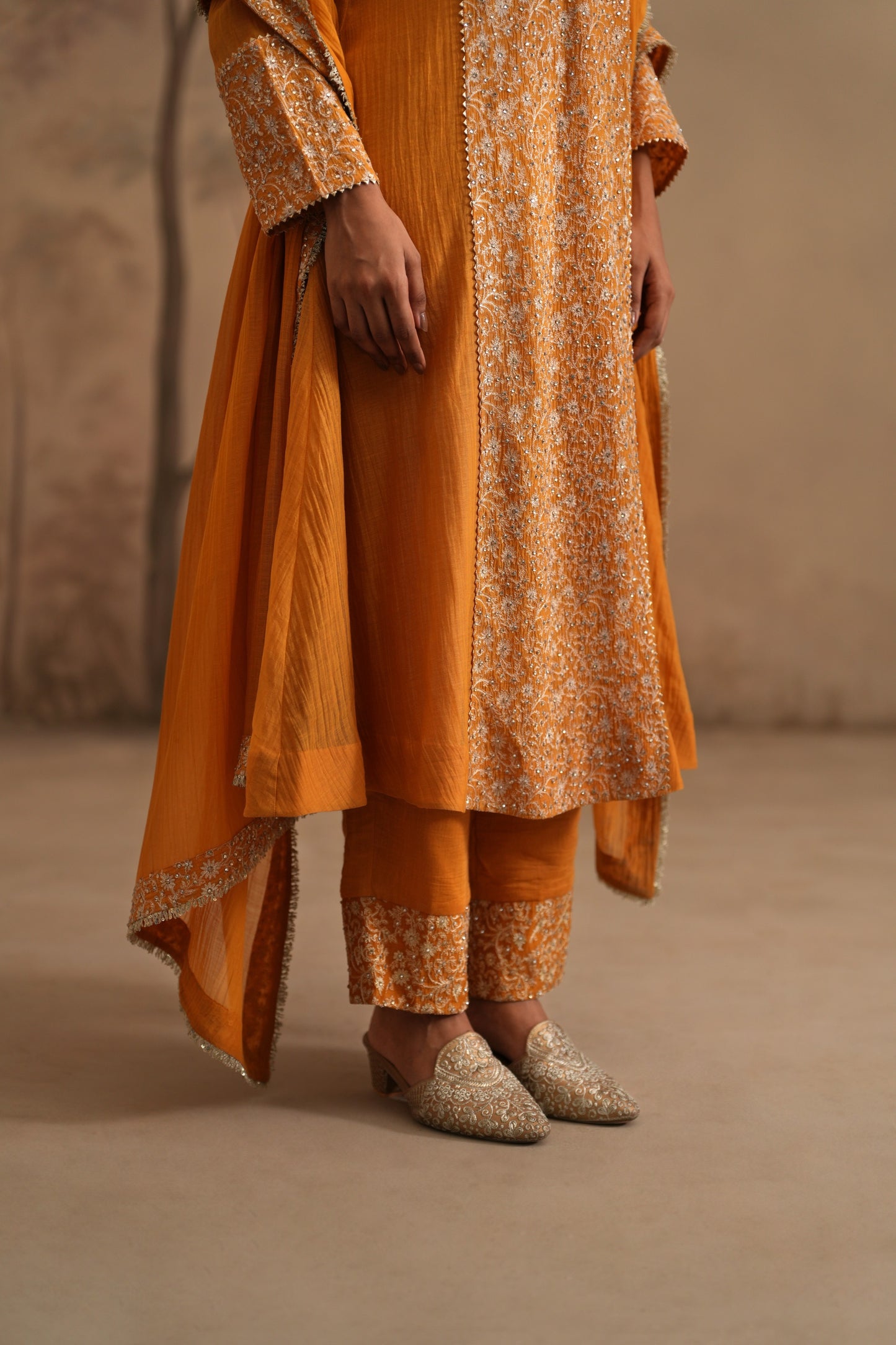 Earthy Orange Chanderi Suit with embroidered centre panel