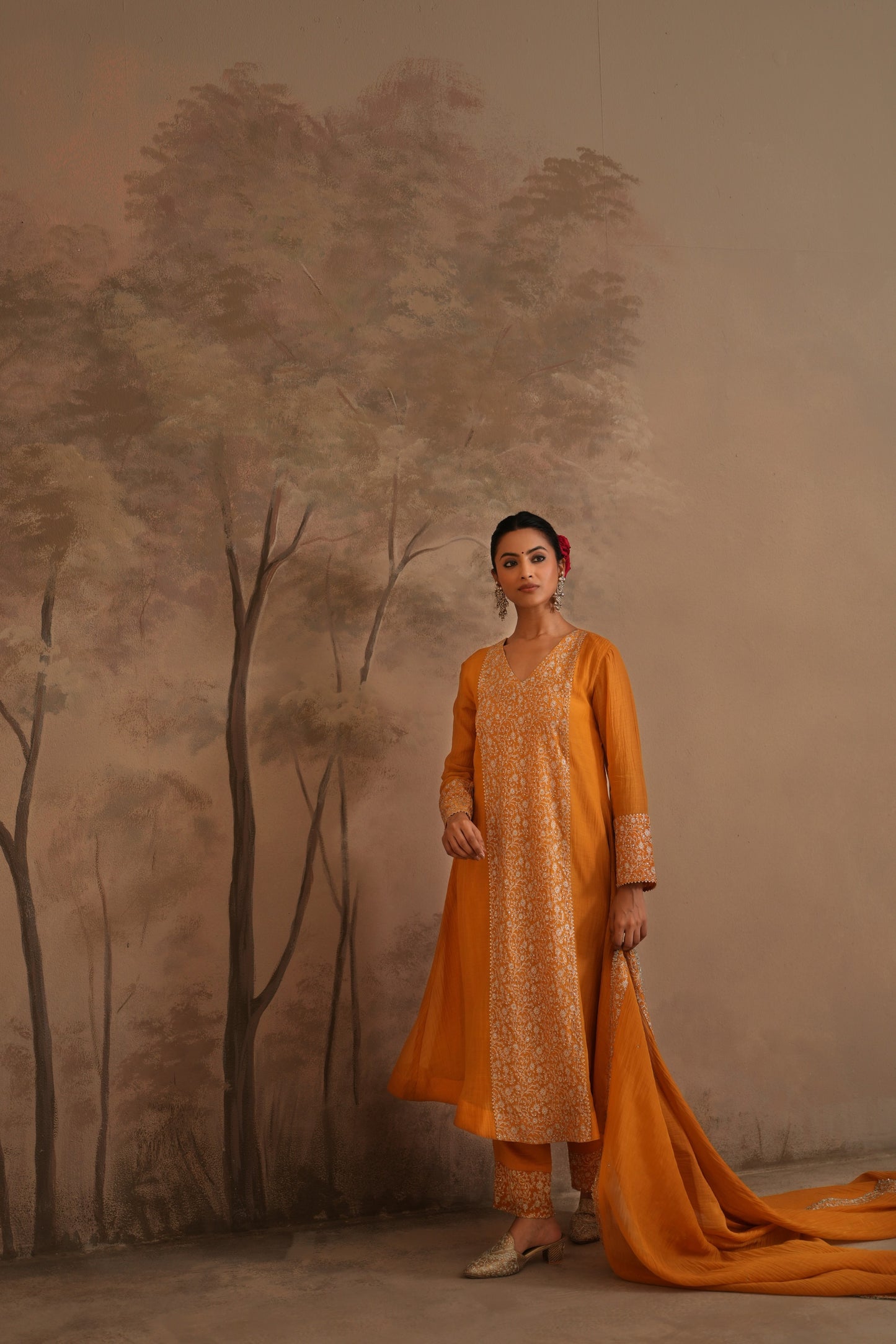 Earthy Orange Chanderi Suit with embroidered centre panel