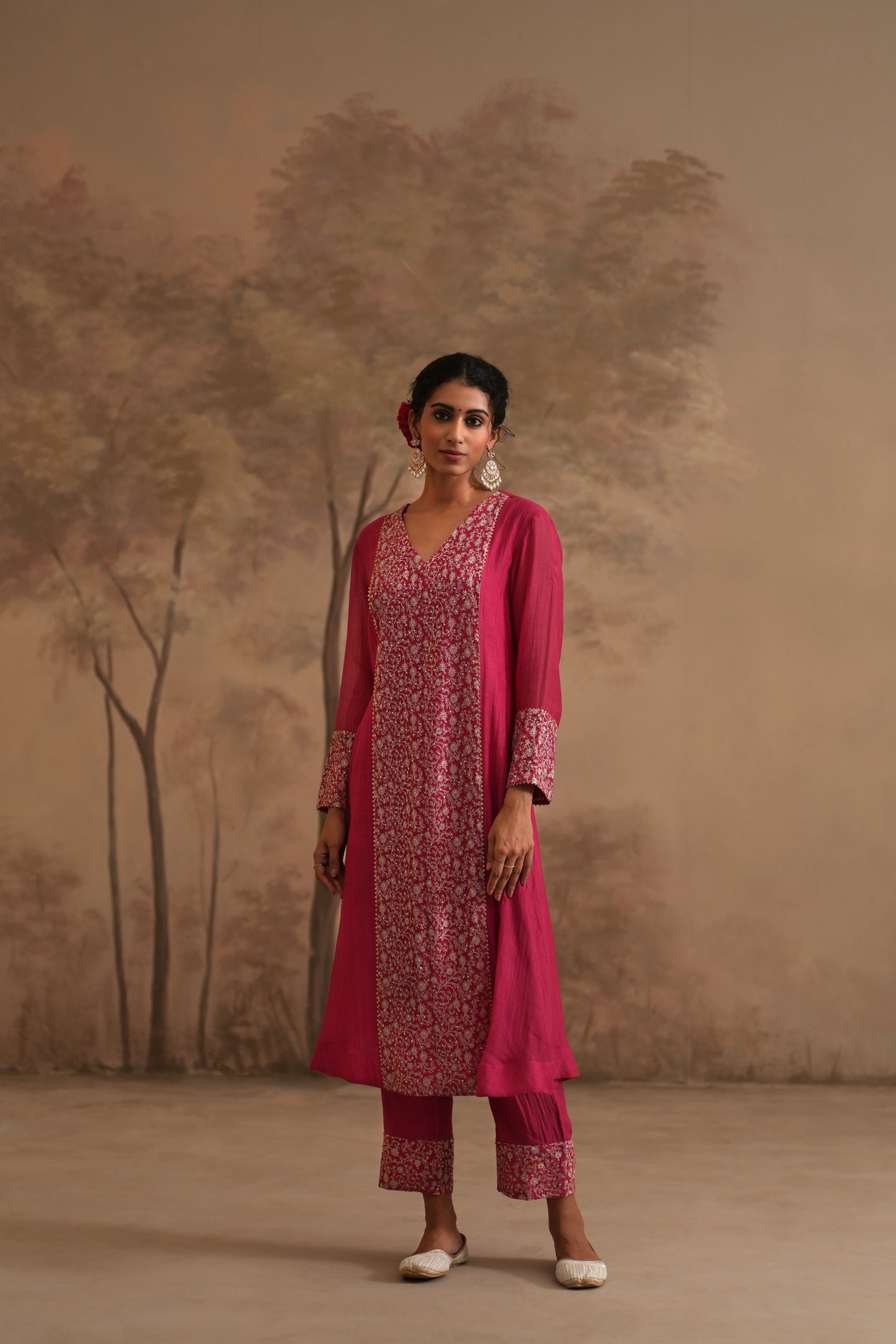 Fuschia Chanderi Suit with embroidered centre panel