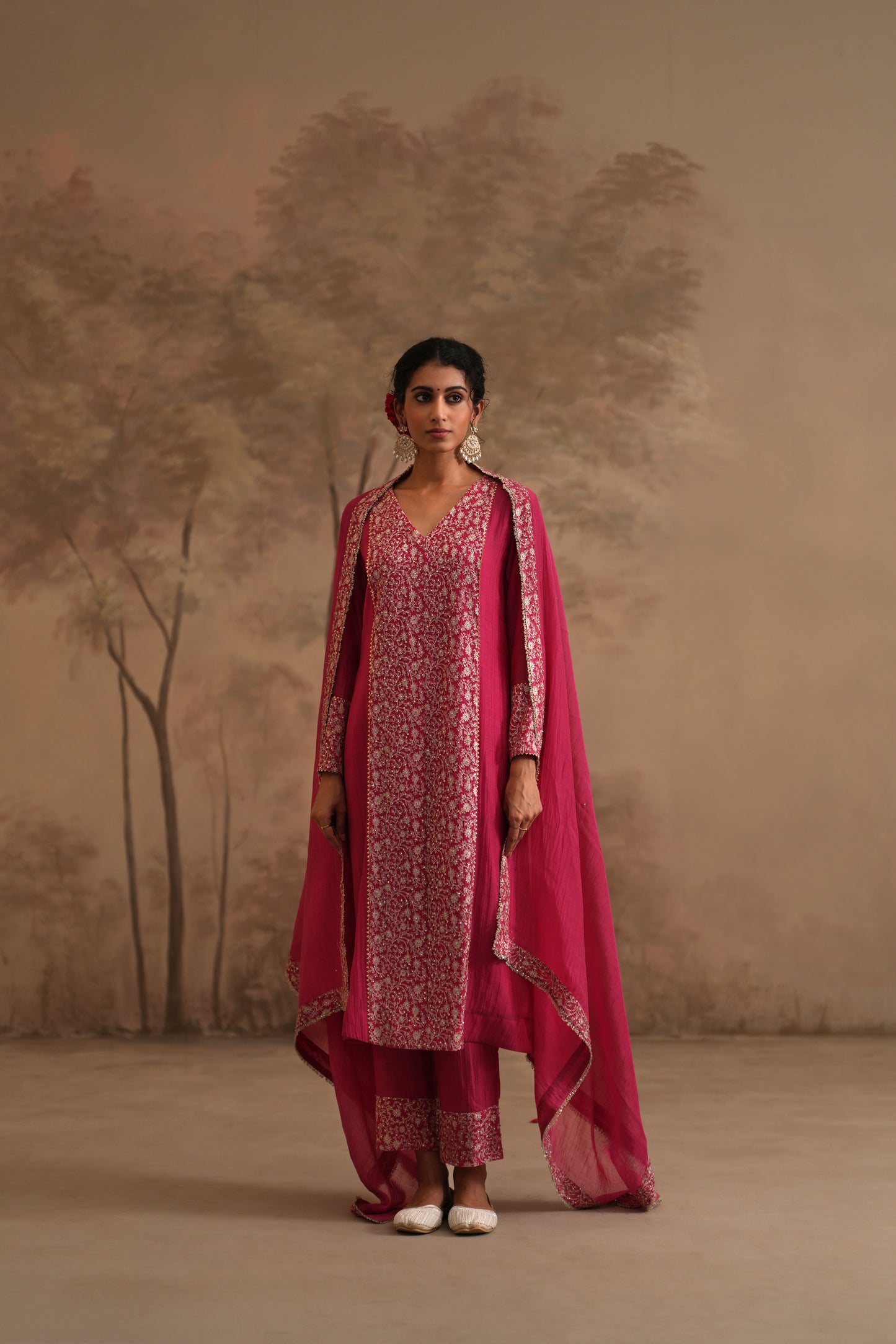 Fuschia Chanderi Suit with embroidered centre panel