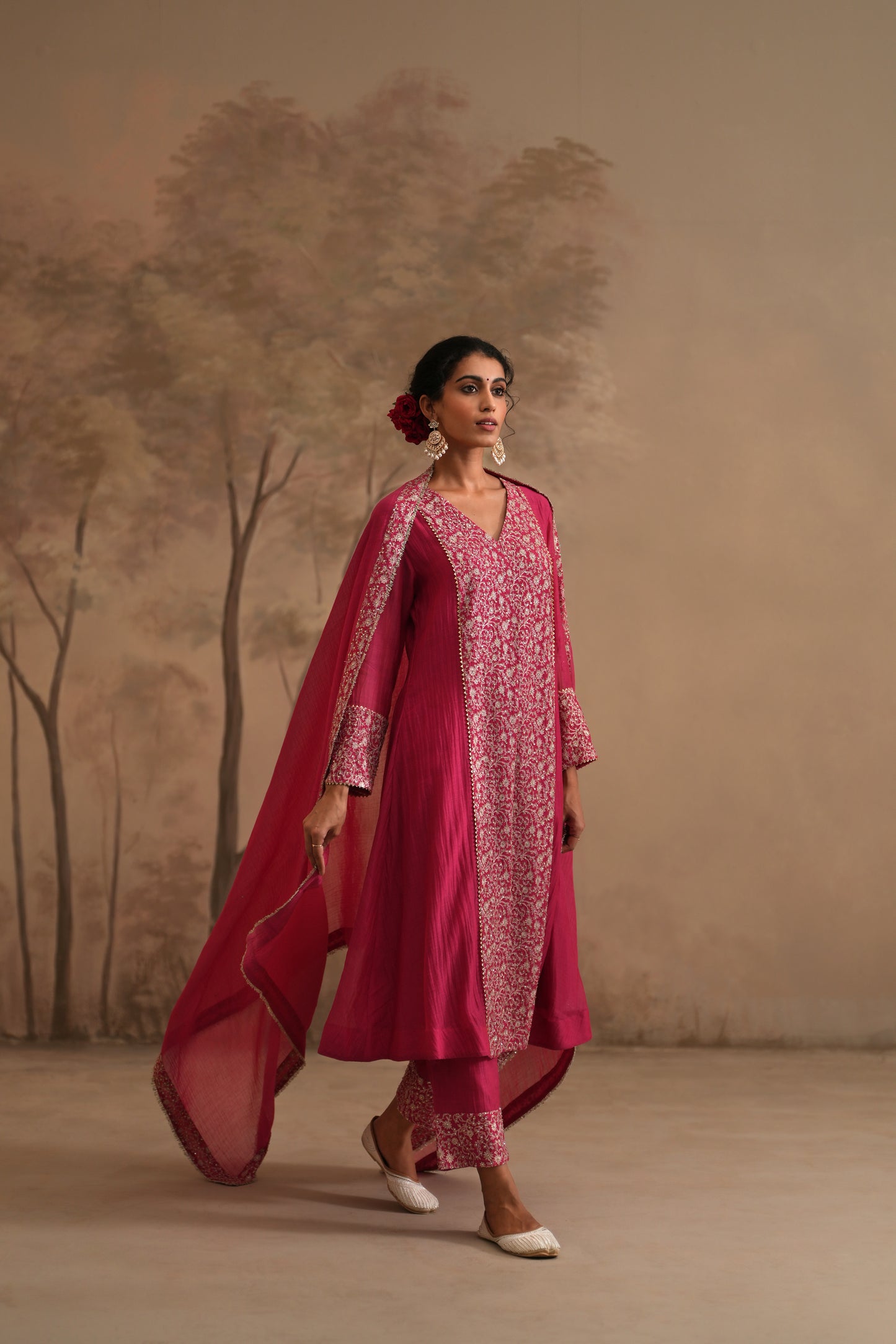 Fuschia Chanderi Suit with embroidered centre panel