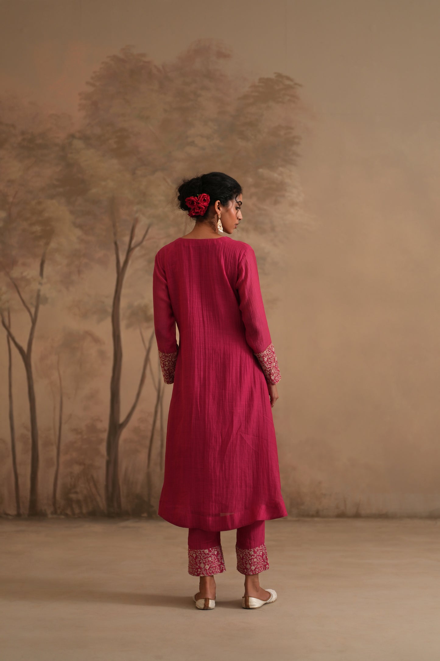 Fuschia Chanderi Suit with embroidered centre panel