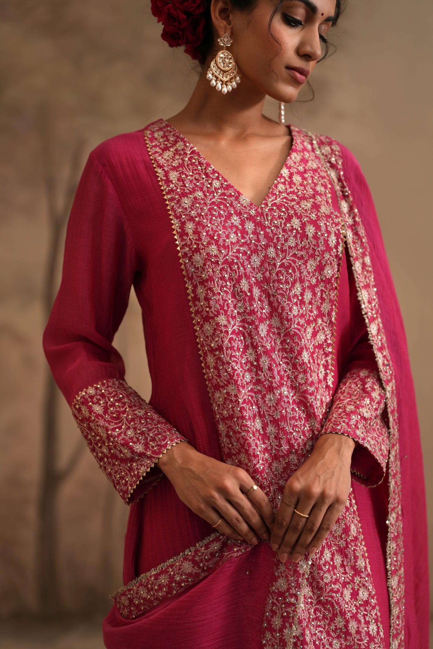 Fuschia Chanderi Suit with embroidered centre panel