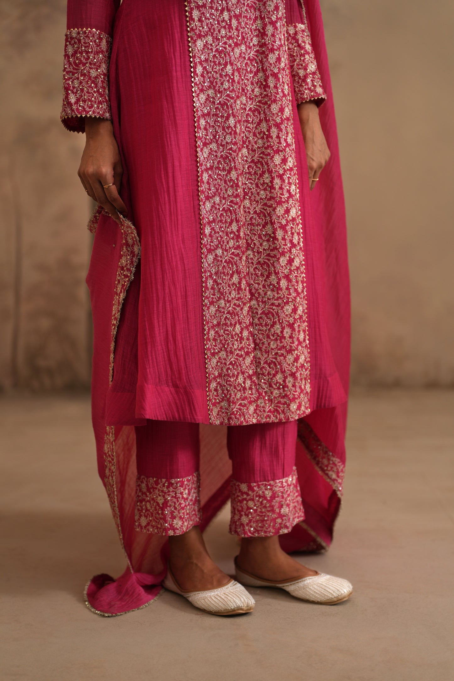 Fuschia Chanderi Suit with embroidered centre panel