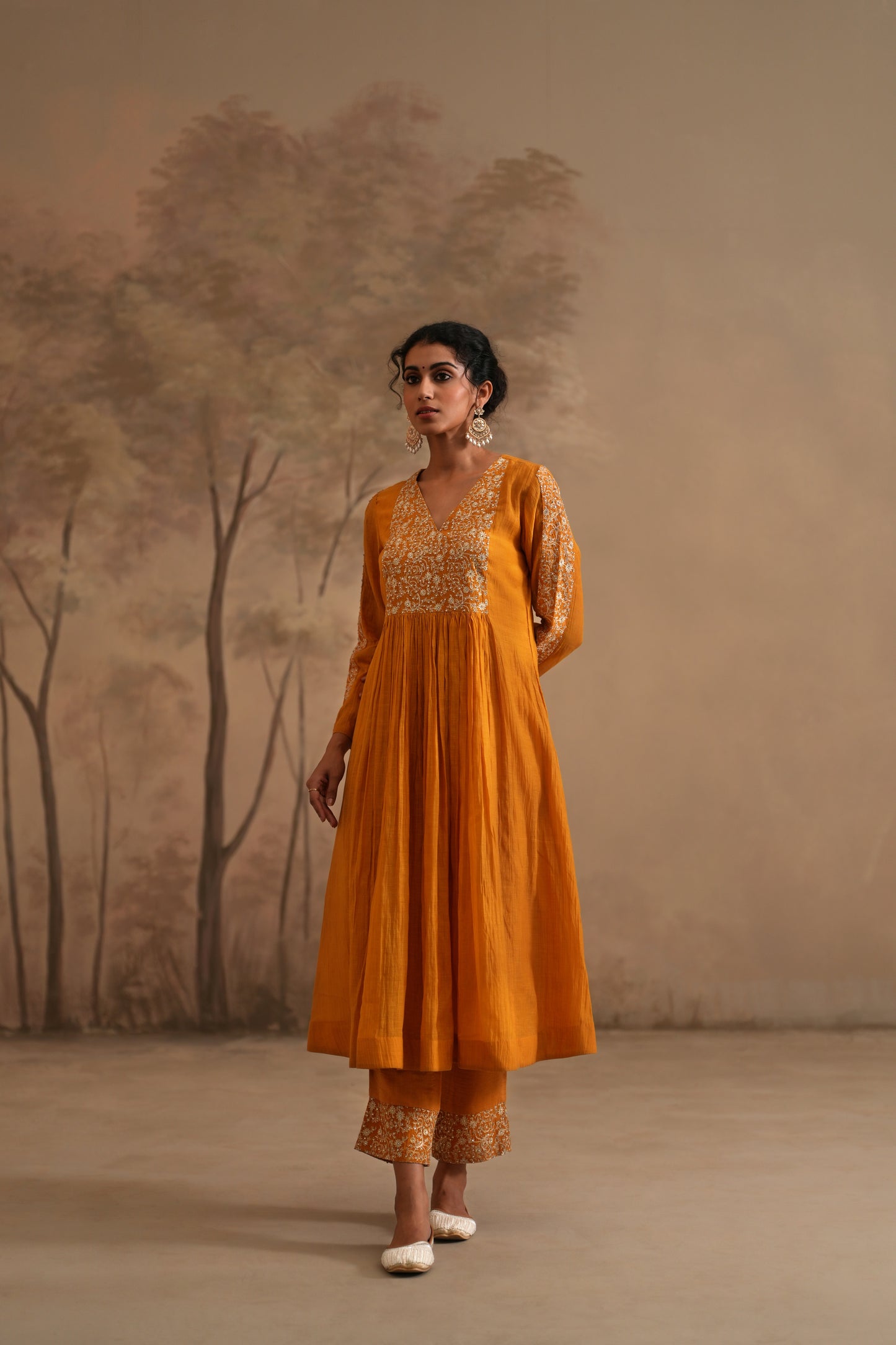 Earthy Orange Chanderi Suit with embroidered yoke