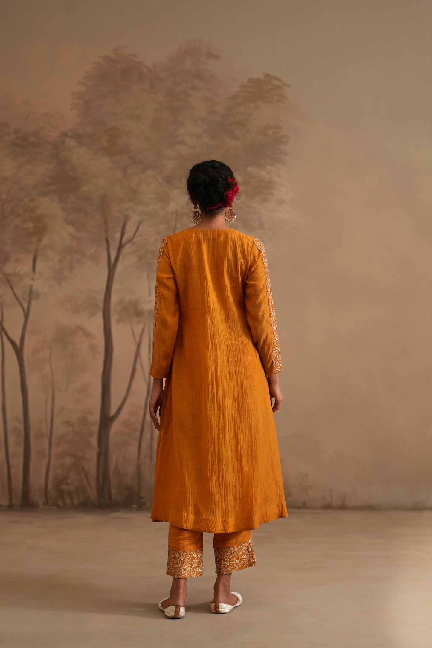 Earthy Orange Chanderi Suit with embroidered yoke