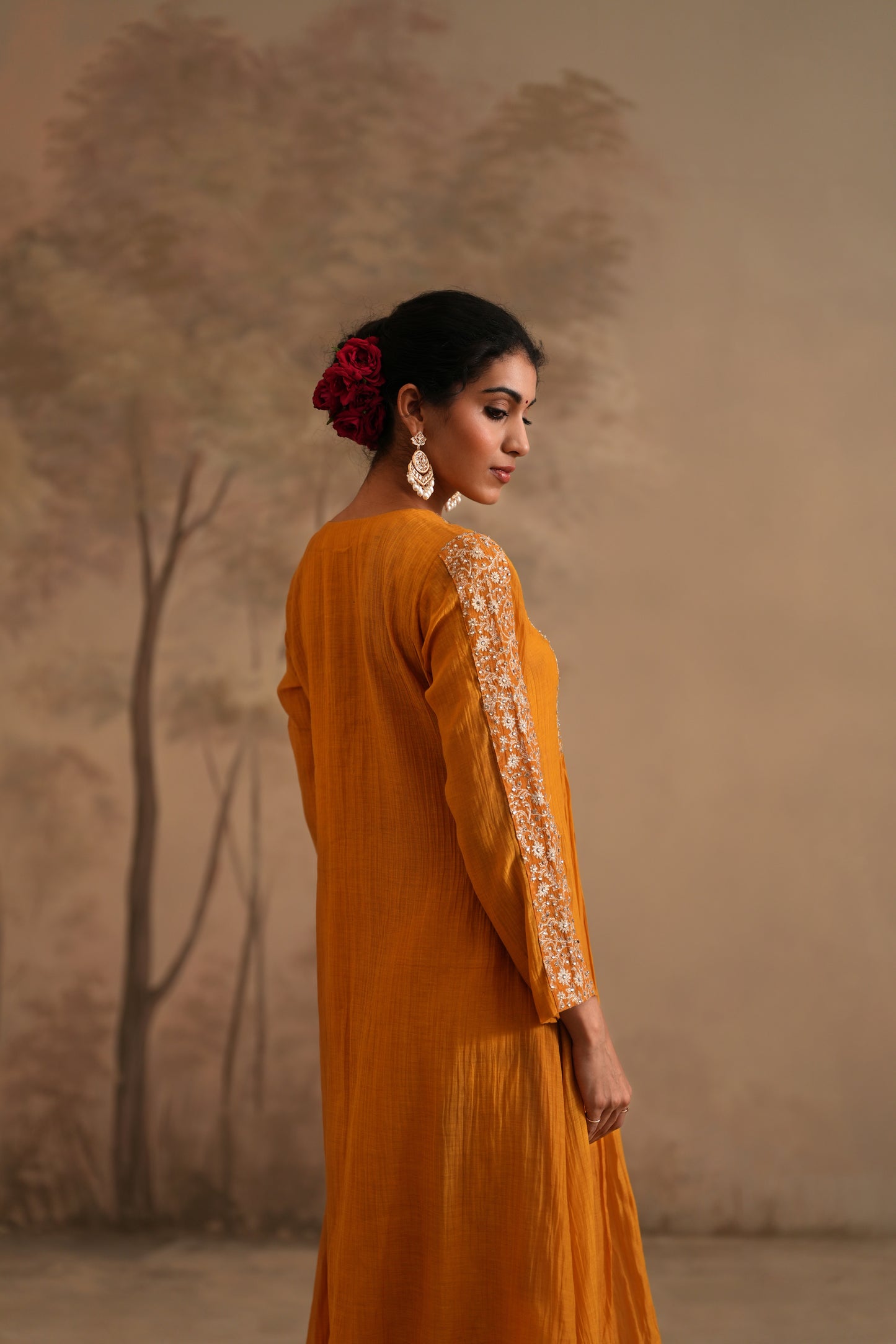 Earthy Orange Chanderi Suit with embroidered yoke