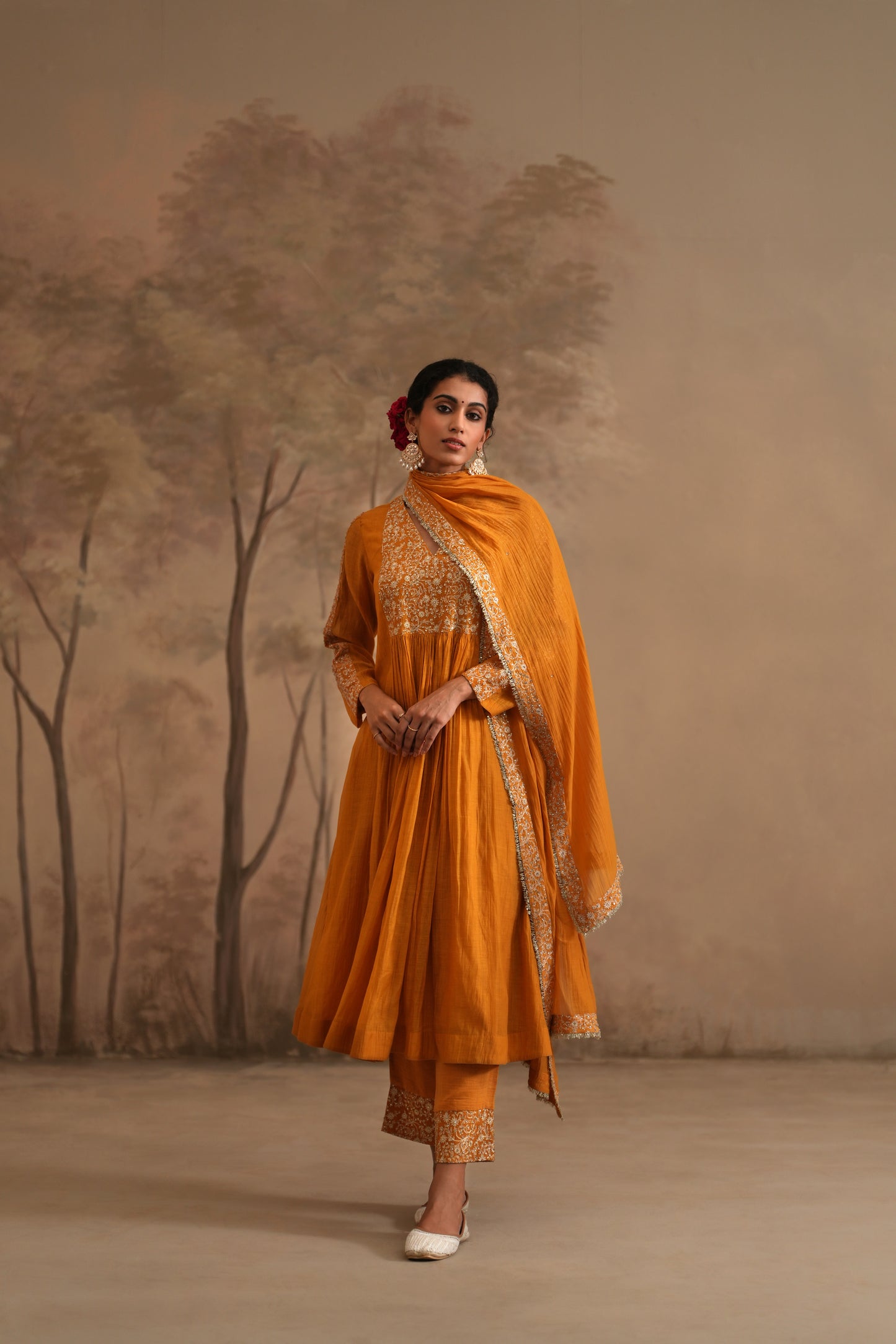 Earthy Orange Chanderi Suit with embroidered yoke