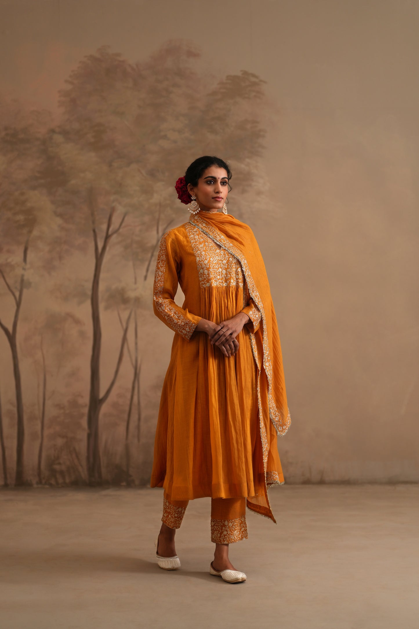 Earthy Orange Chanderi Suit with embroidered yoke