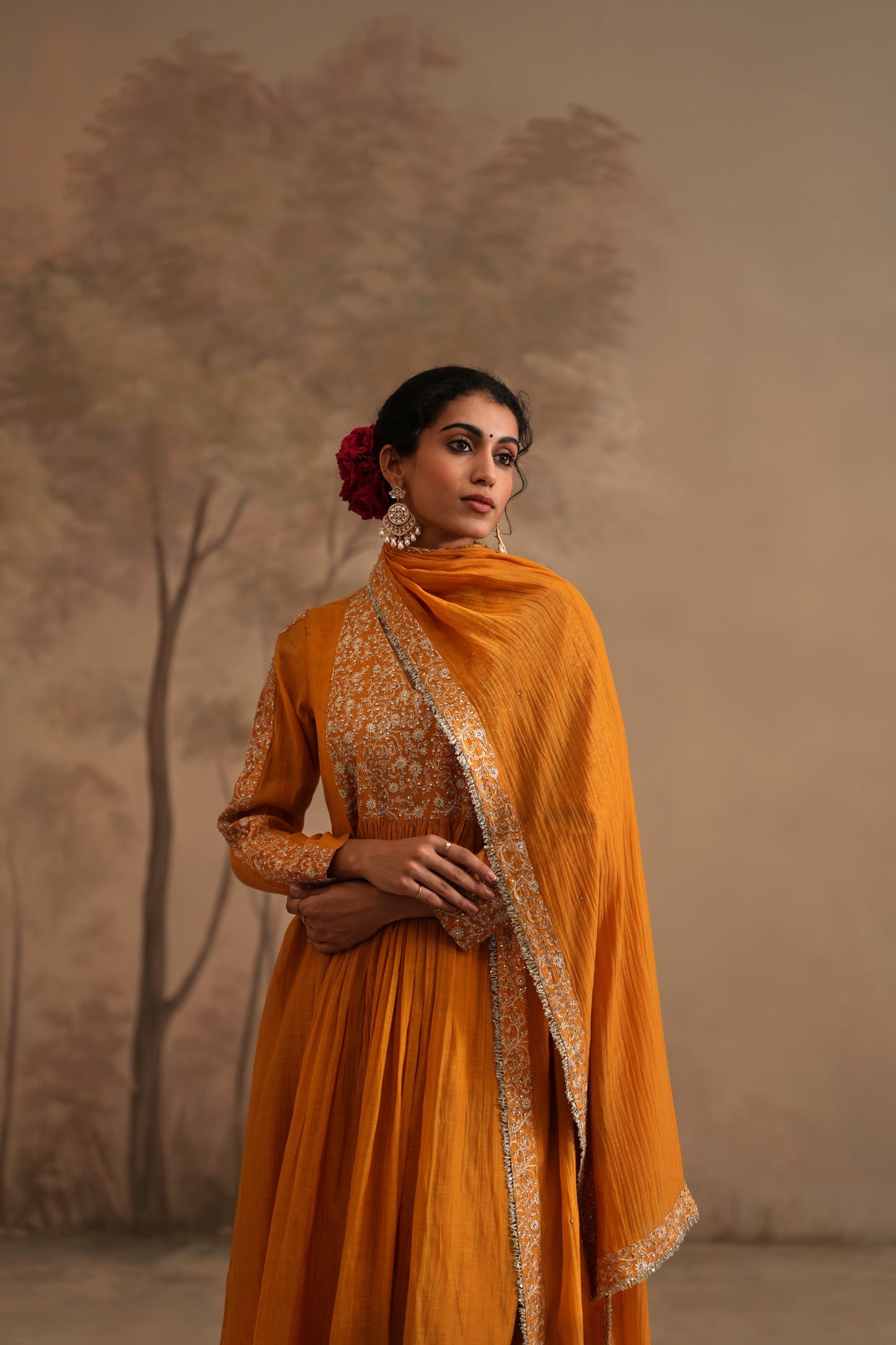 Earthy Orange Chanderi Suit with embroidered yoke