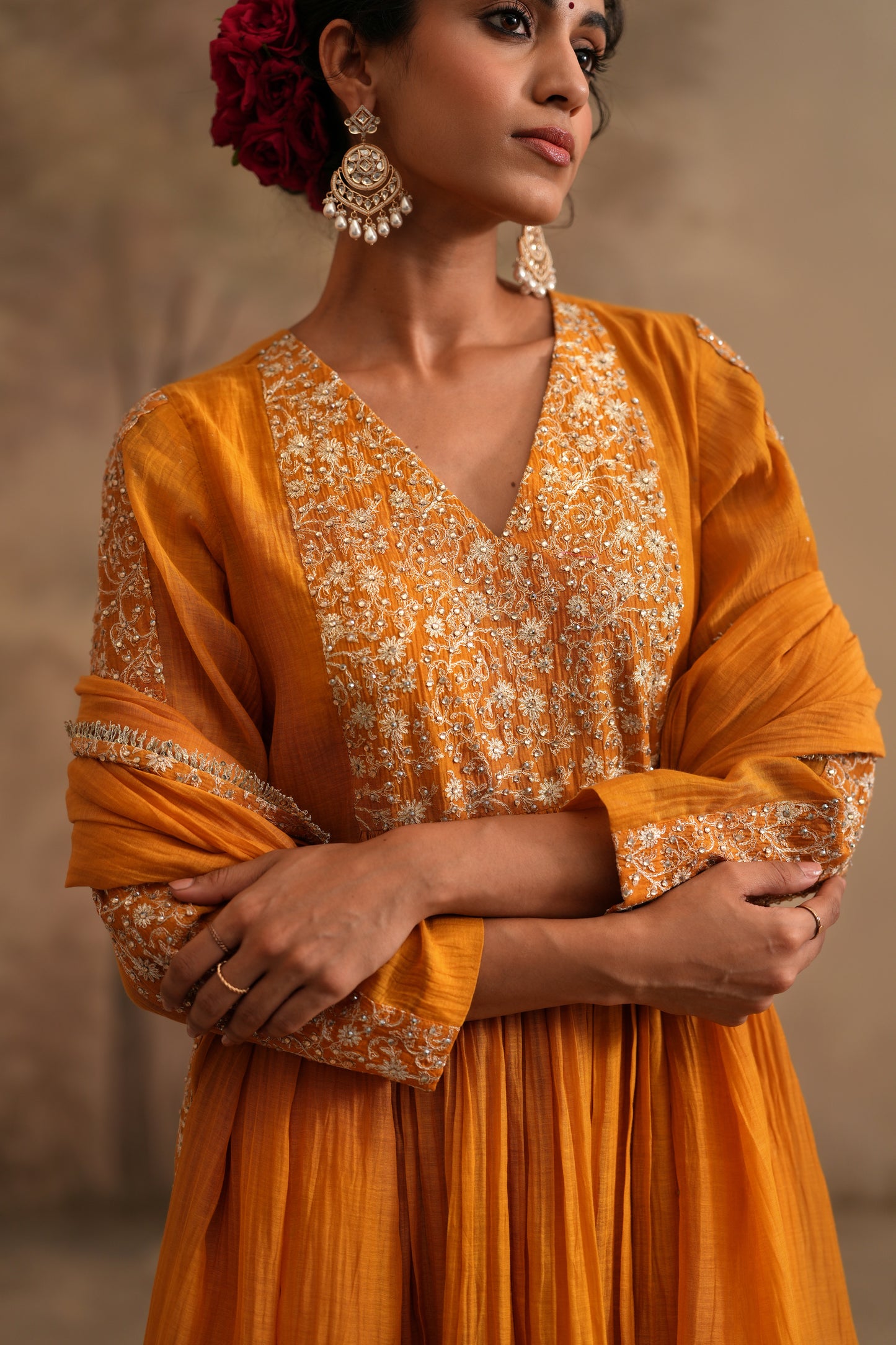 Earthy Orange Chanderi Suit with embroidered yoke