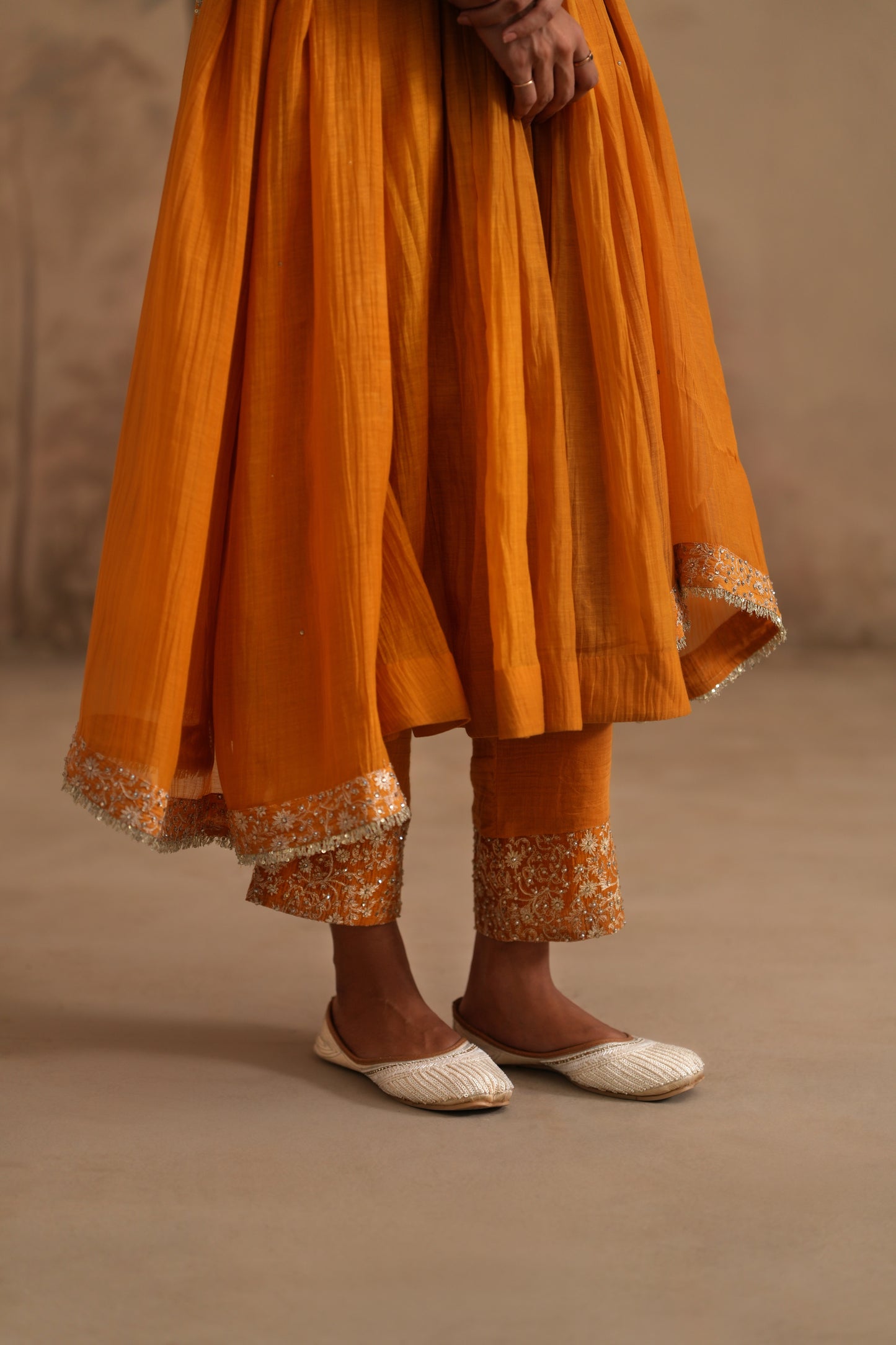 Earthy Orange Chanderi Suit with embroidered yoke