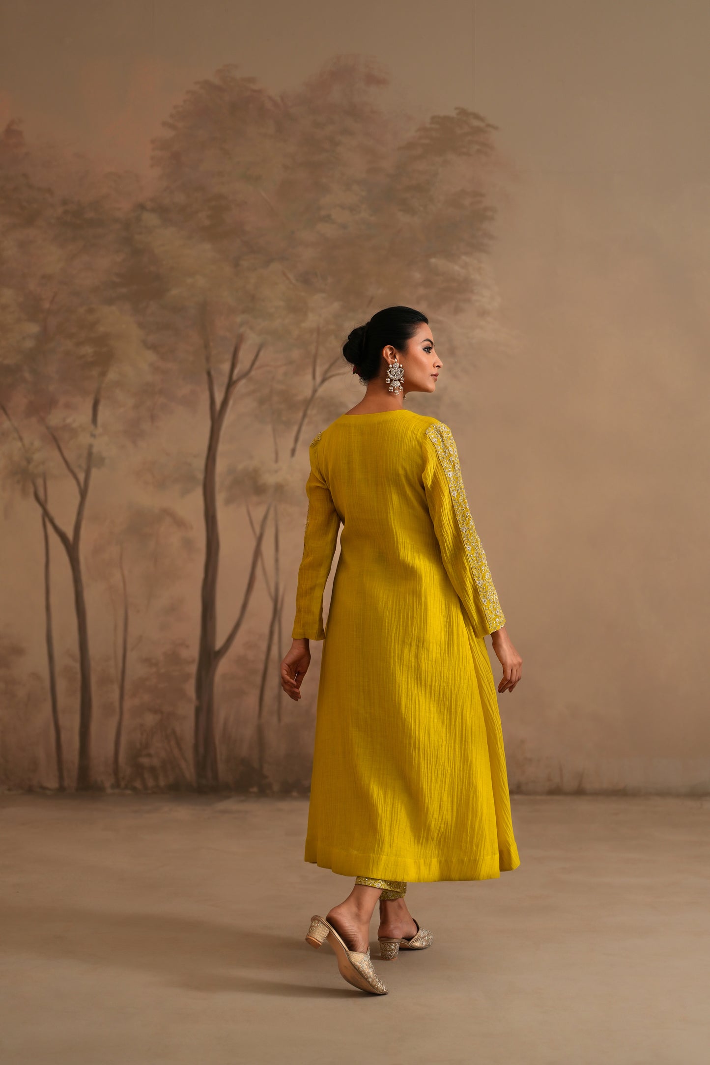 Lemon Yellow Chanderi Suit with embroidered yoke