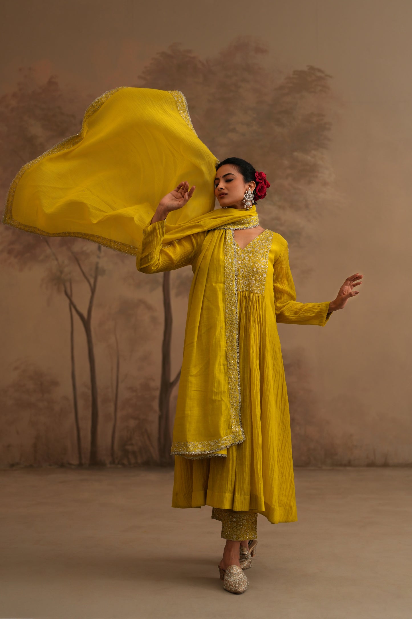 Lemon Yellow Chanderi Suit with embroidered yoke