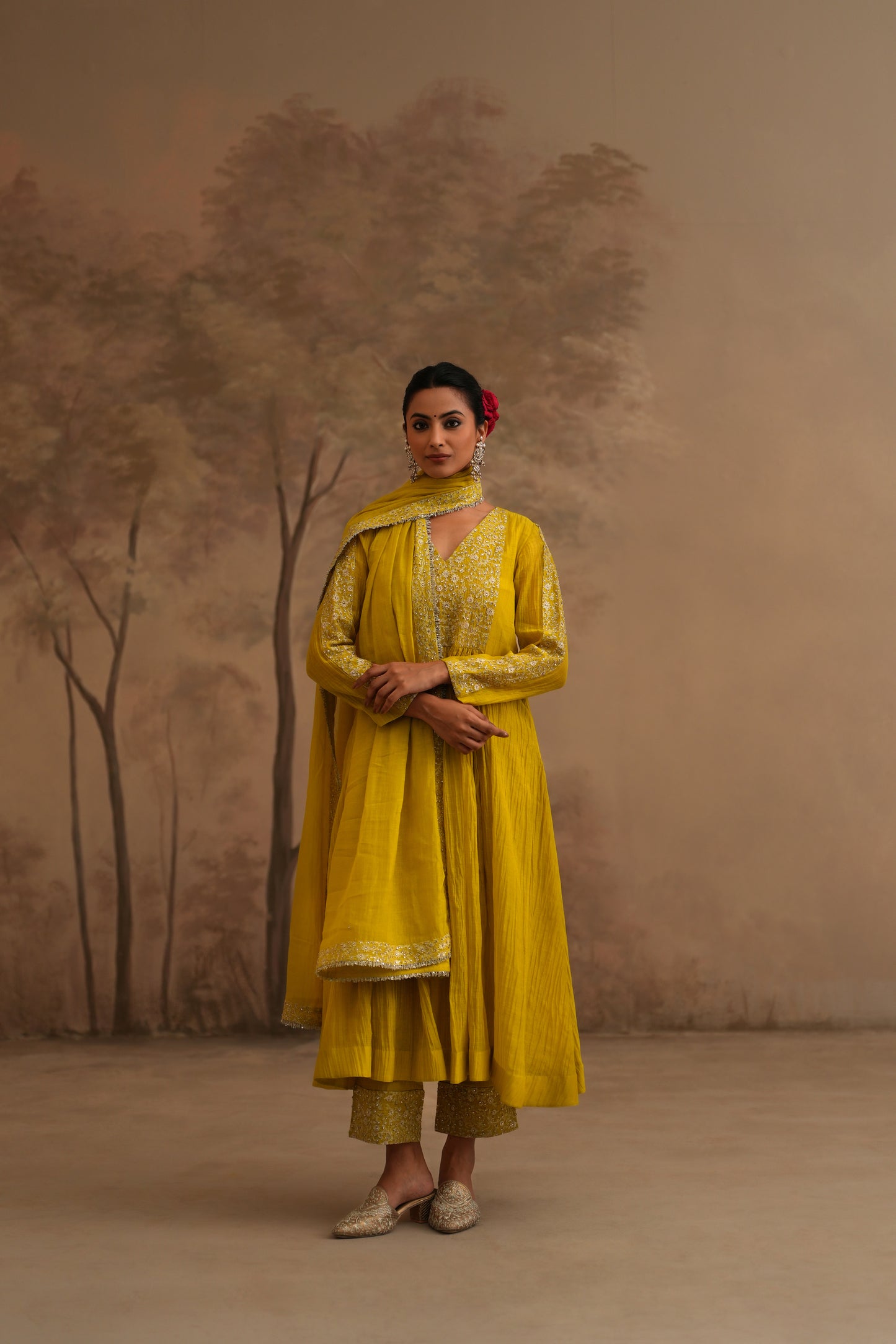 Lemon Yellow Chanderi Suit with embroidered yoke