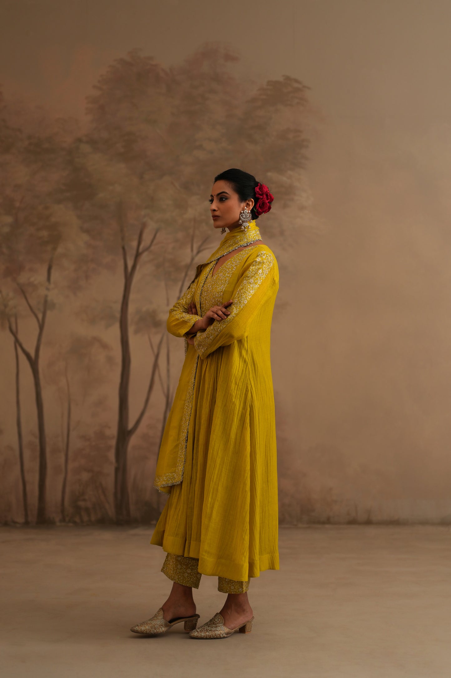 Lemon Yellow Chanderi Suit with embroidered yoke